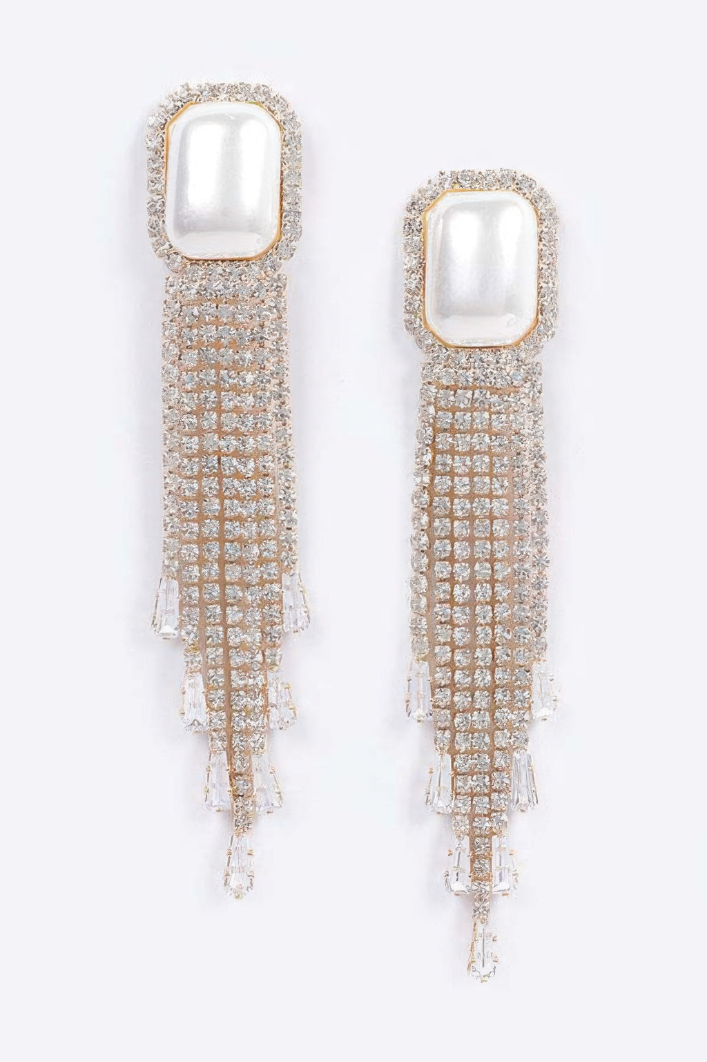 Cream faux pearl rhinestone tassel earrings with square stud tops and dangling chains