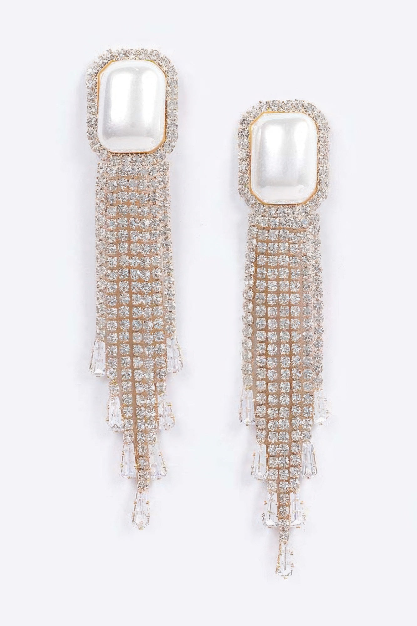 Cream faux pearl rhinestone tassel earrings with square stud tops and dangling chains
