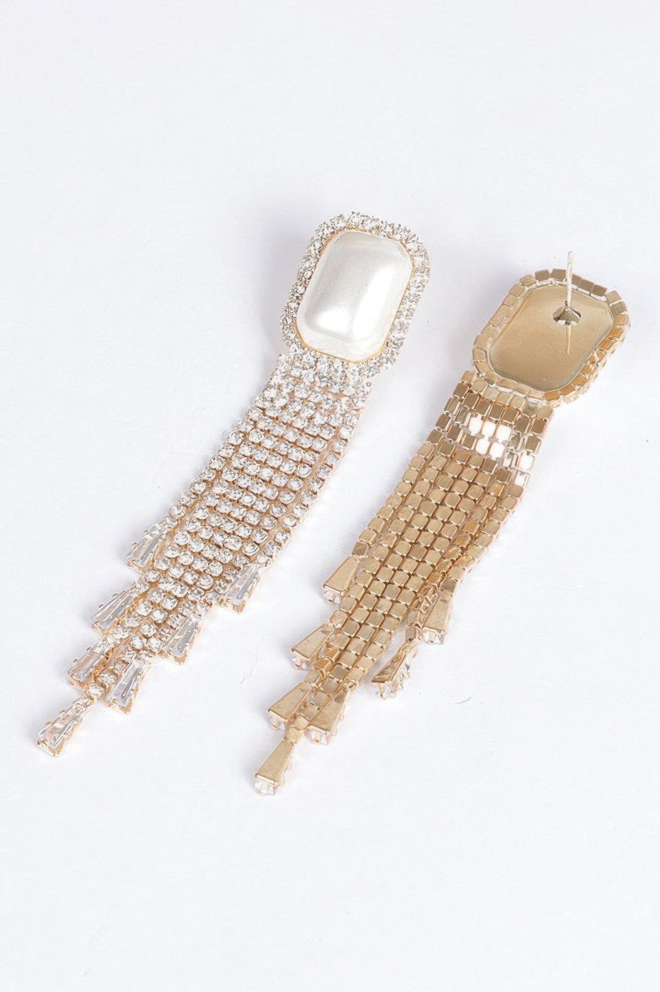 Faux pearl rhinestone tassel earrings: cream on left, gold-tone on right with square tops