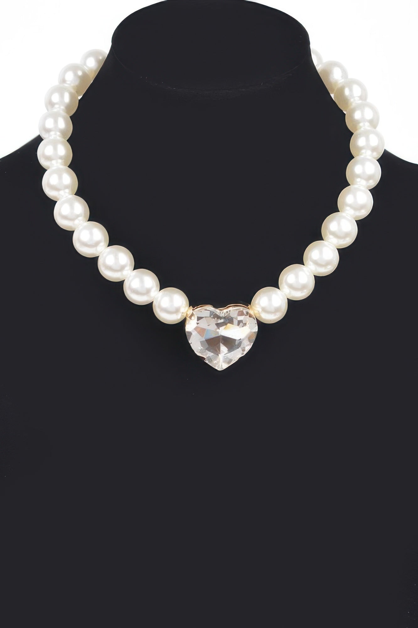 Faux pearl stone necklace with faceted heart pendant, cream faux pearls