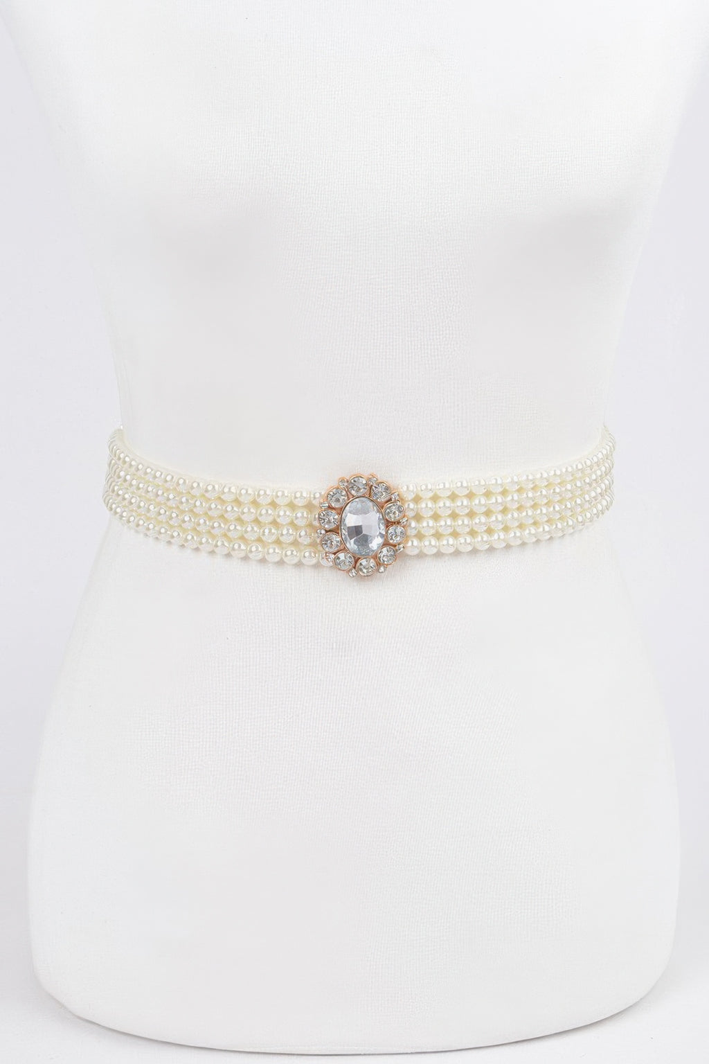 Ivory faux pearl stretch belt with oval rhinestone clasp