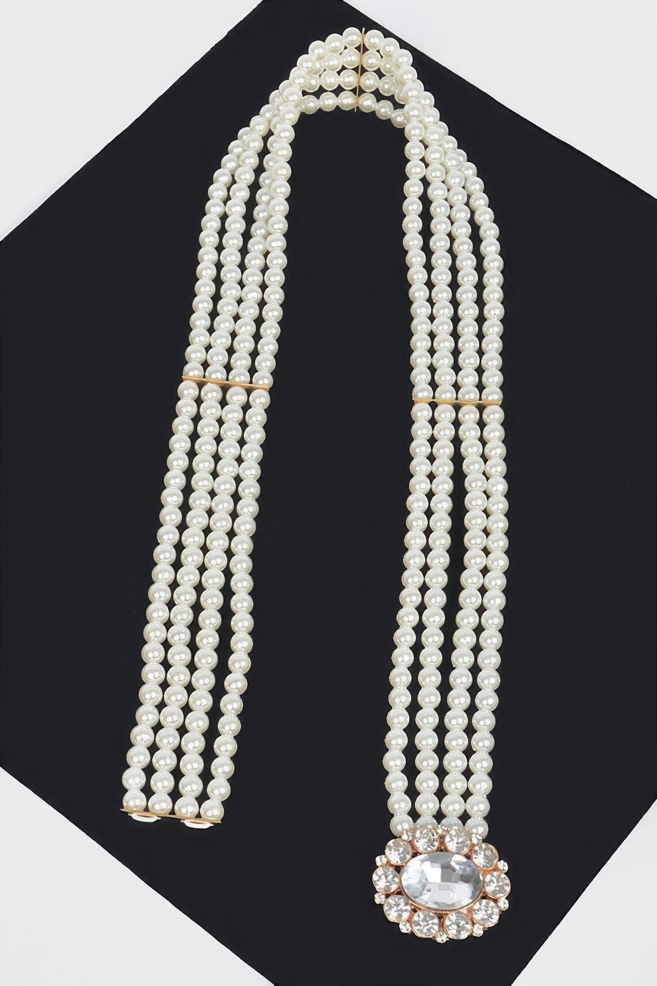 Ivory faux pearl beaded belt with long drape and large oval rhinestone pendant