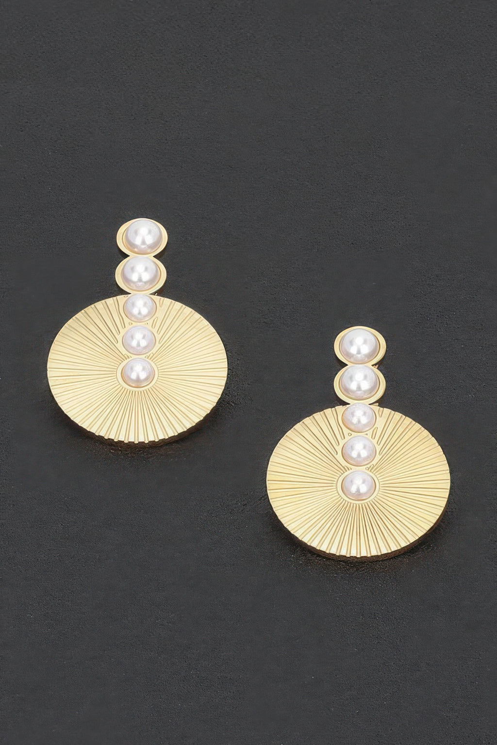 Faux pearl vintage earrings, gold-tone sunburst disc with five stacked faux pearls