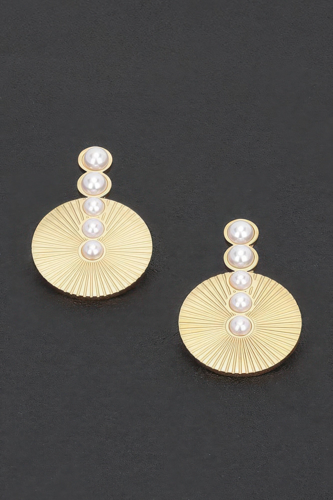 Faux pearl vintage earrings, gold-tone sunburst disc with five stacked faux pearls