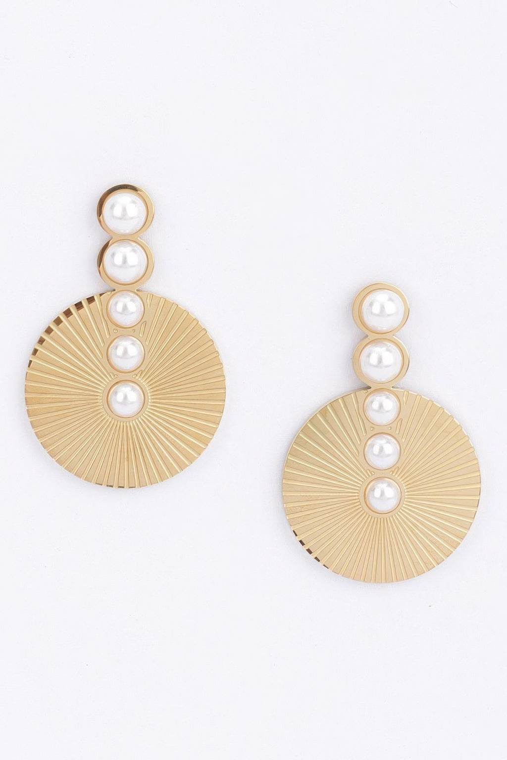 Gold-tone faux pearl drop earrings, round sunburst disc with three white pearls