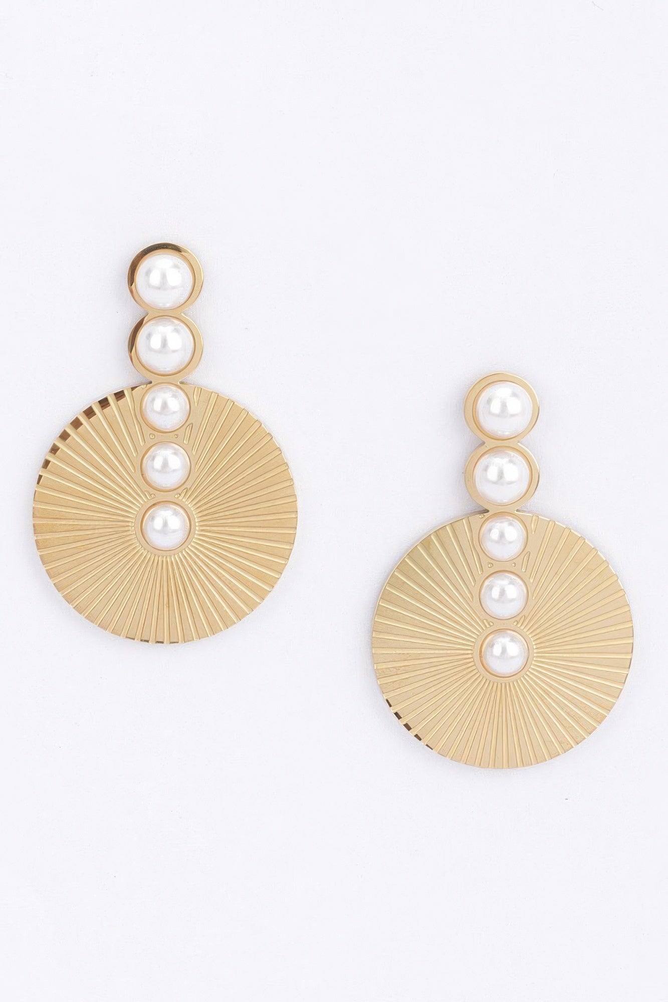 Gold-tone faux pearl drop earrings, round sunburst disc with three white pearls
