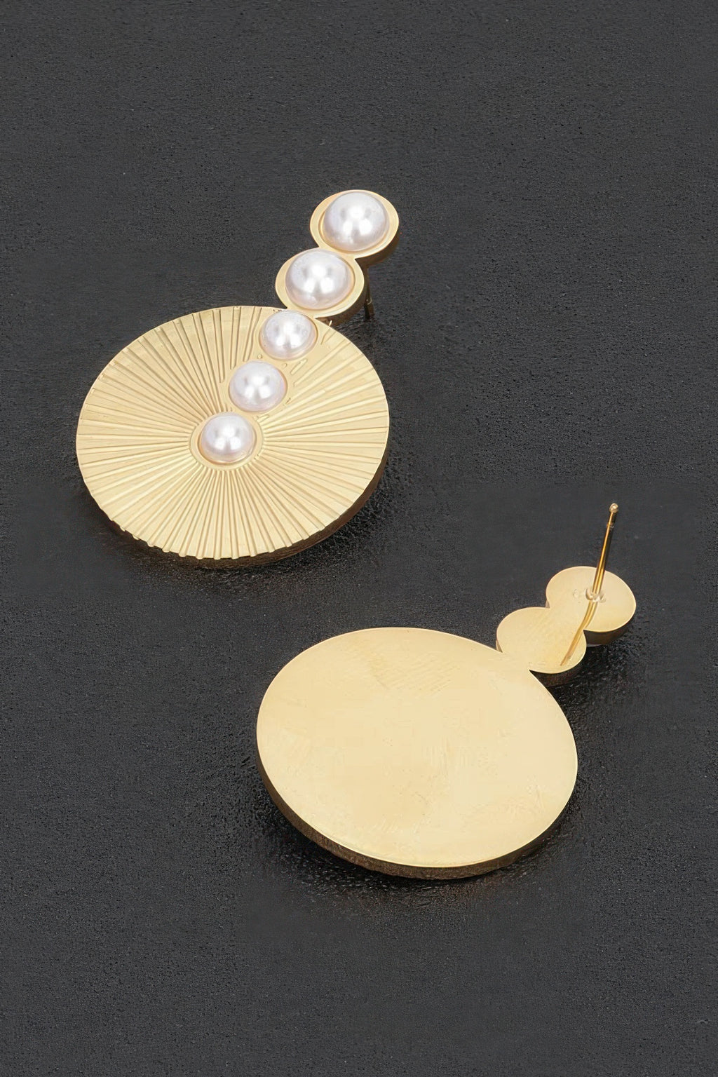 Faux pearl vintage earrings, gold-tone sunburst disc with five faux pearls