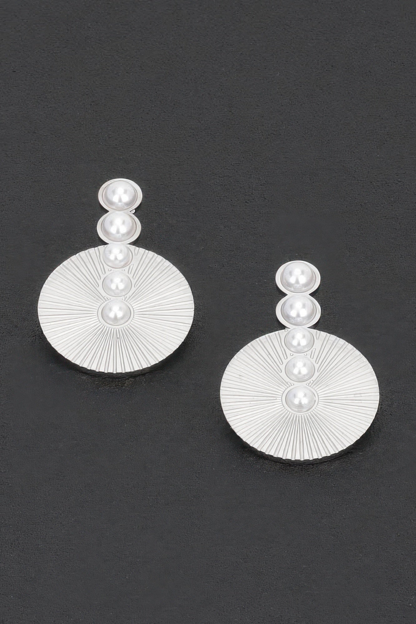 Faux pearl vintage earrings, silver-tone sunburst disc with five faux pearls