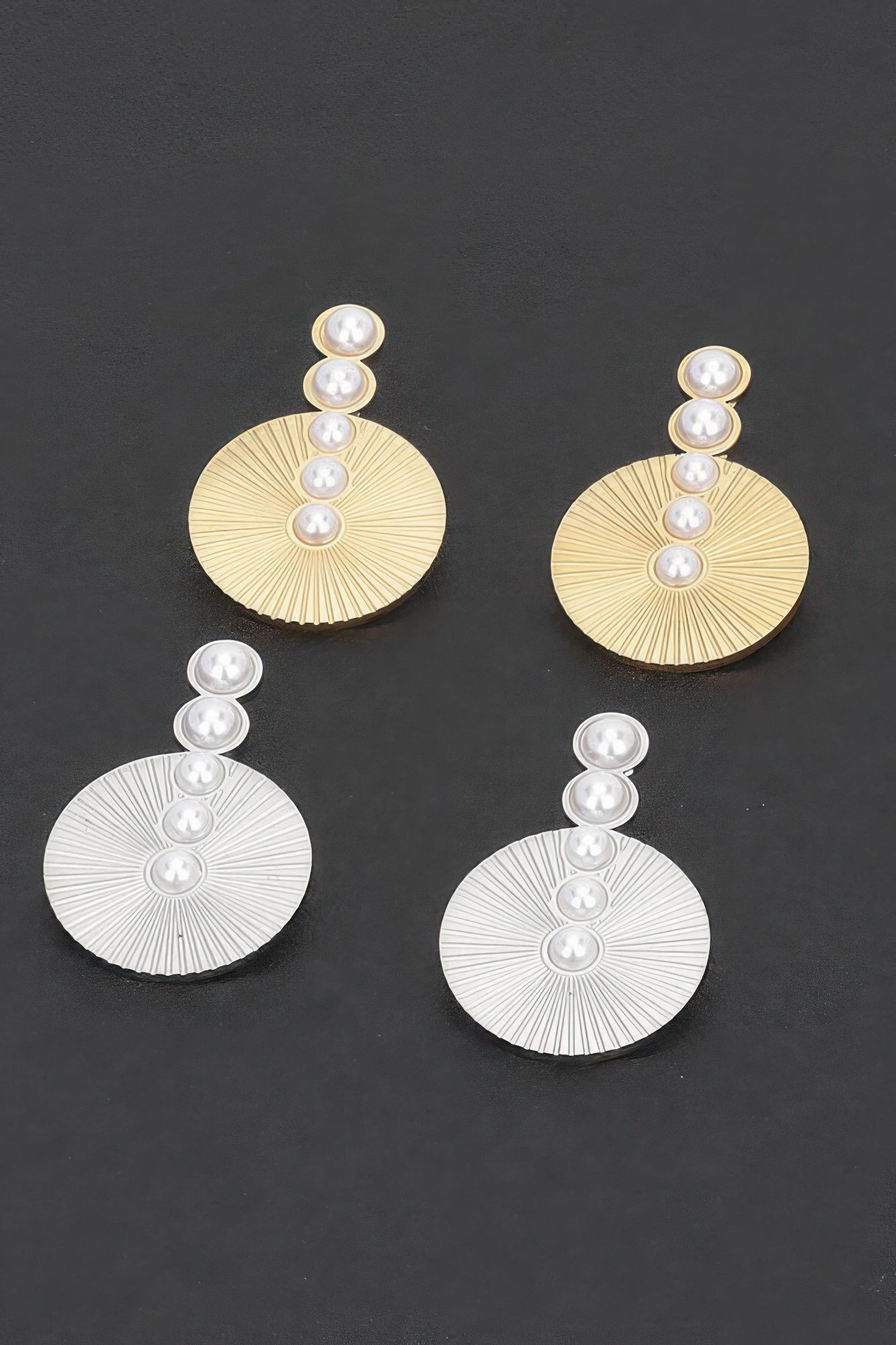Set of faux pearl vintage earrings: gold and silver sunburst discs with stacked pearls