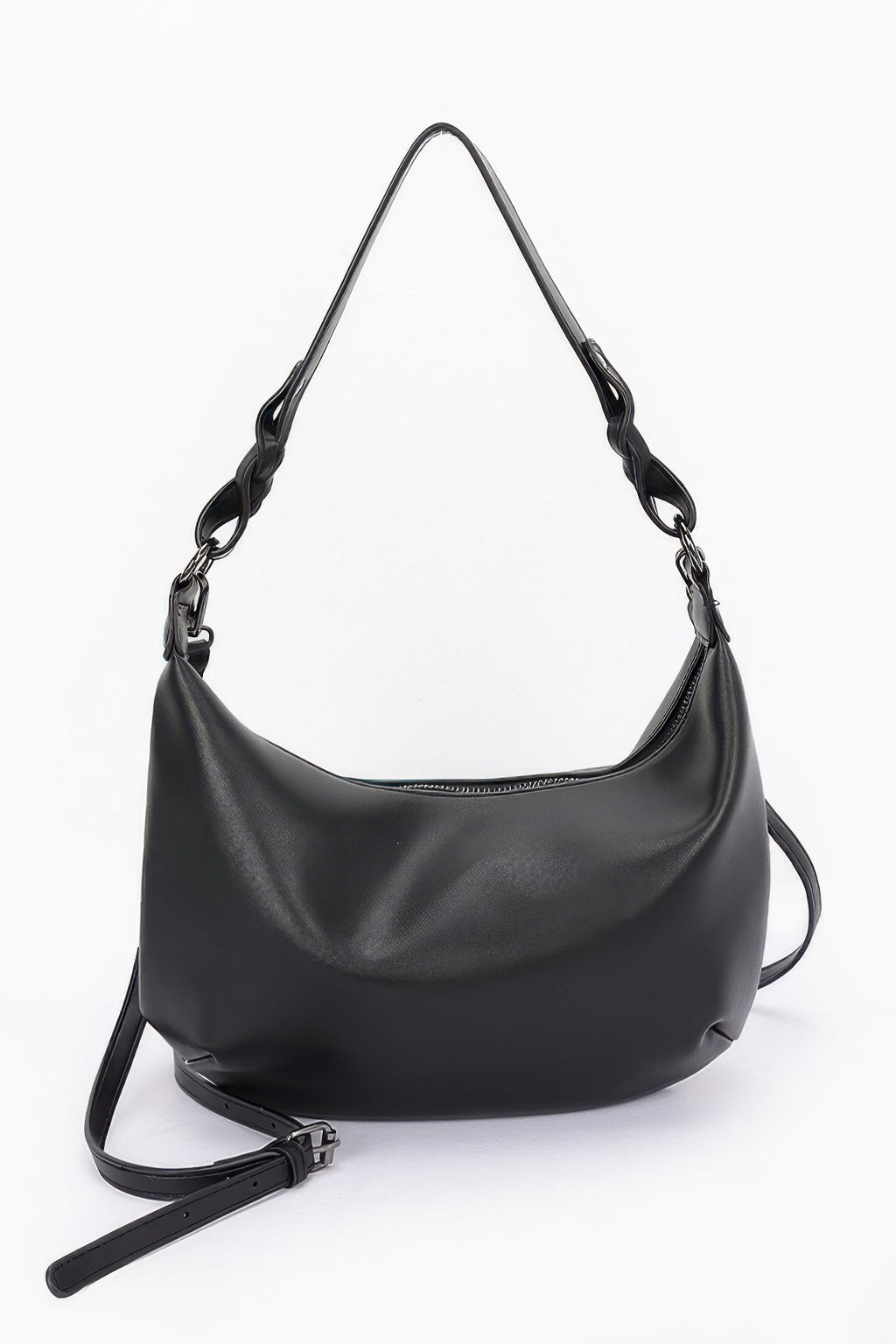 Black faux leather shoulder bag with braided strap and adjustable crossbody