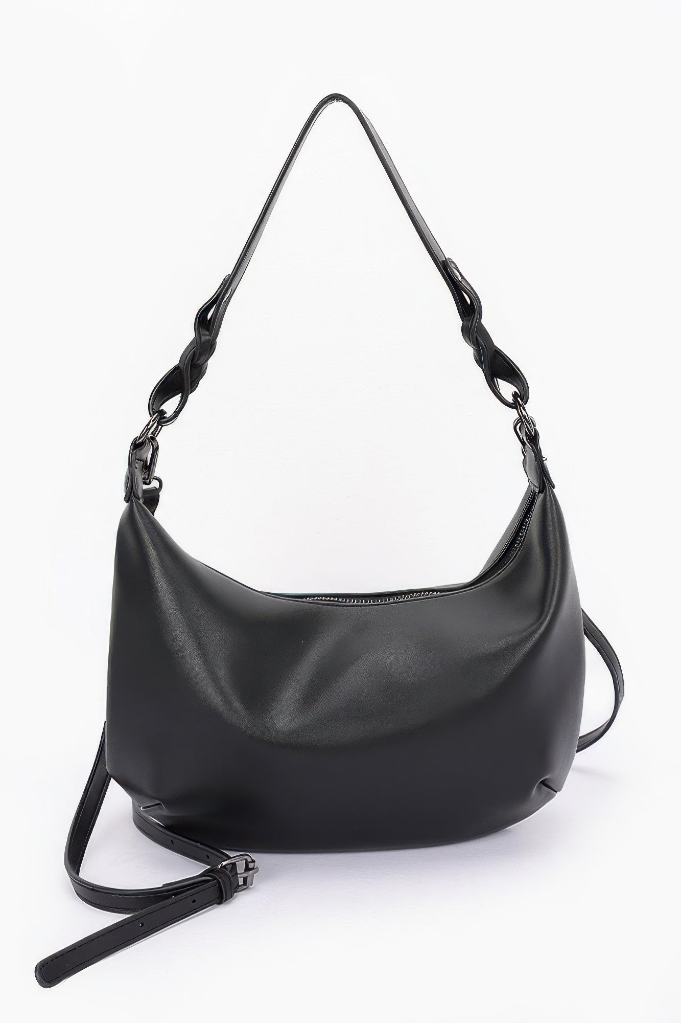 Black faux leather shoulder bag with braided strap and adjustable crossbody