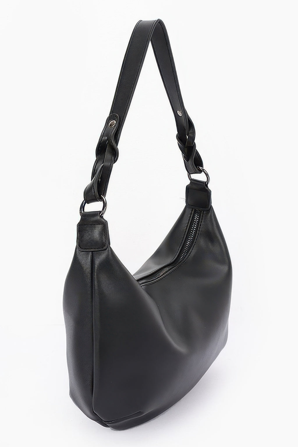 Black faux leather shoulder bag with zippered front pocket detail