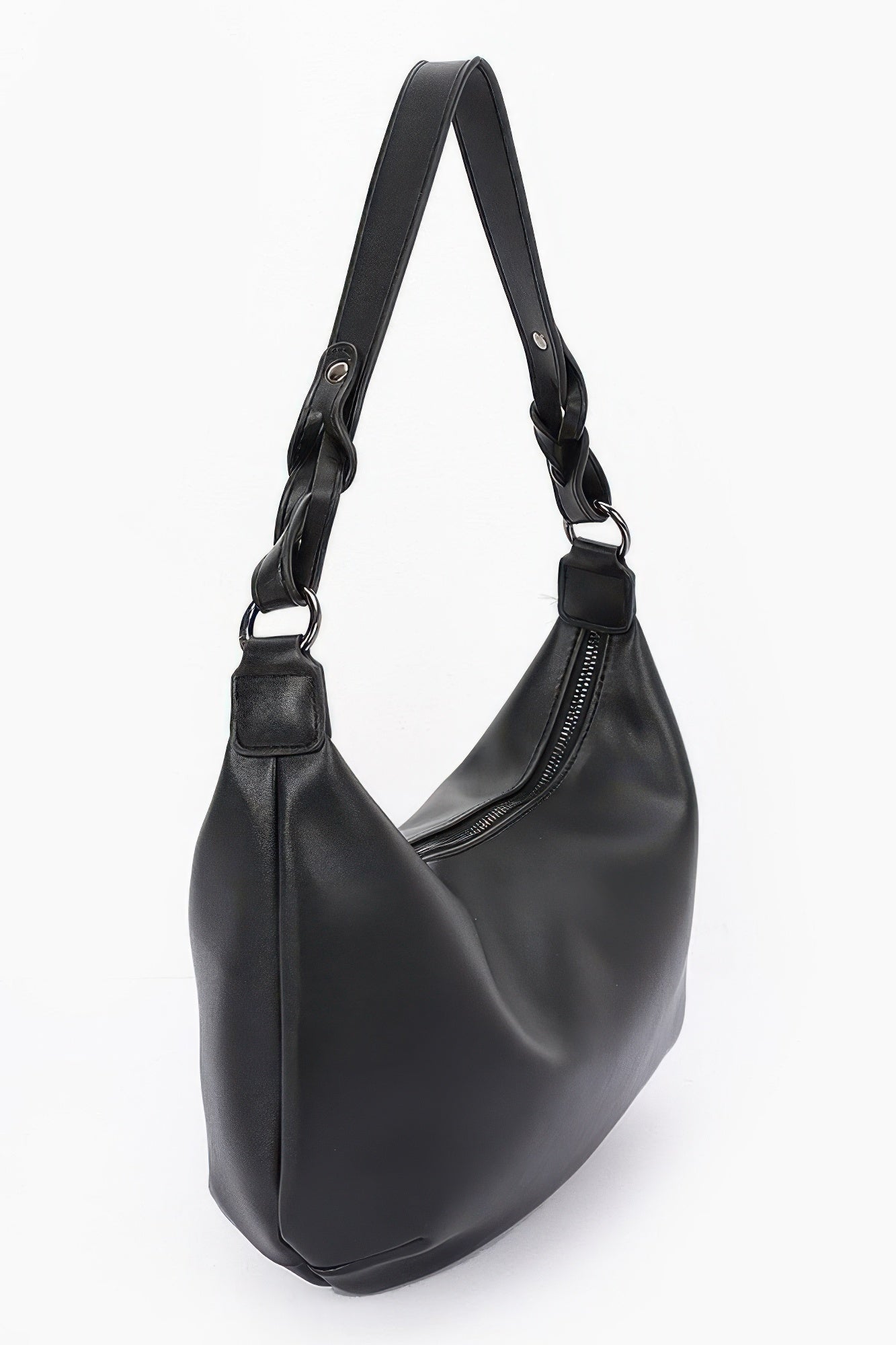 Black faux leather shoulder bag with zippered front pocket detail