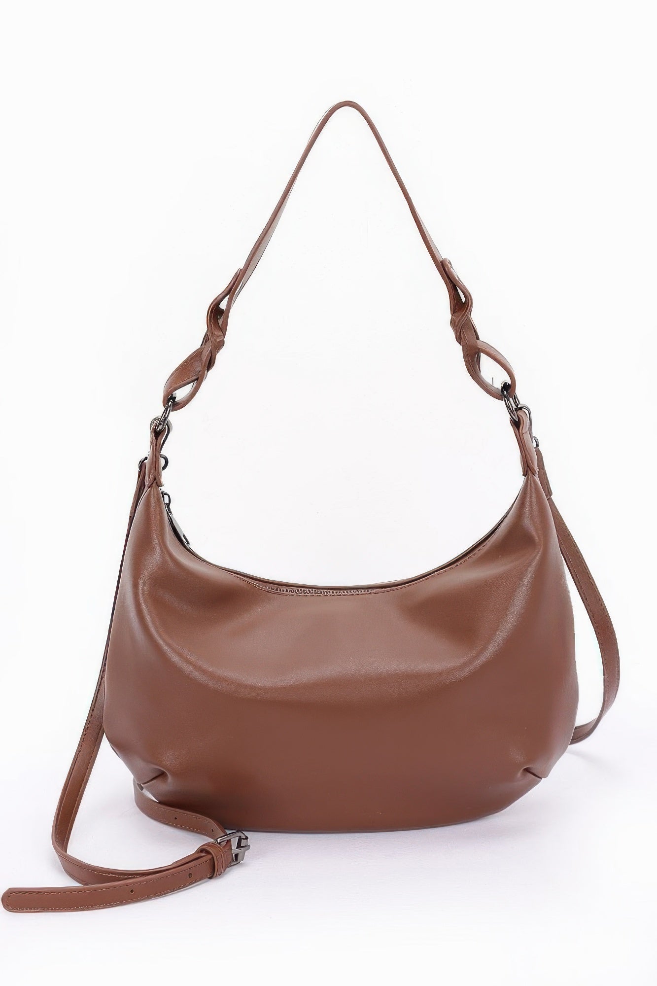 Brown faux leather shoulder bag with adjustable crossbody strap and buckle