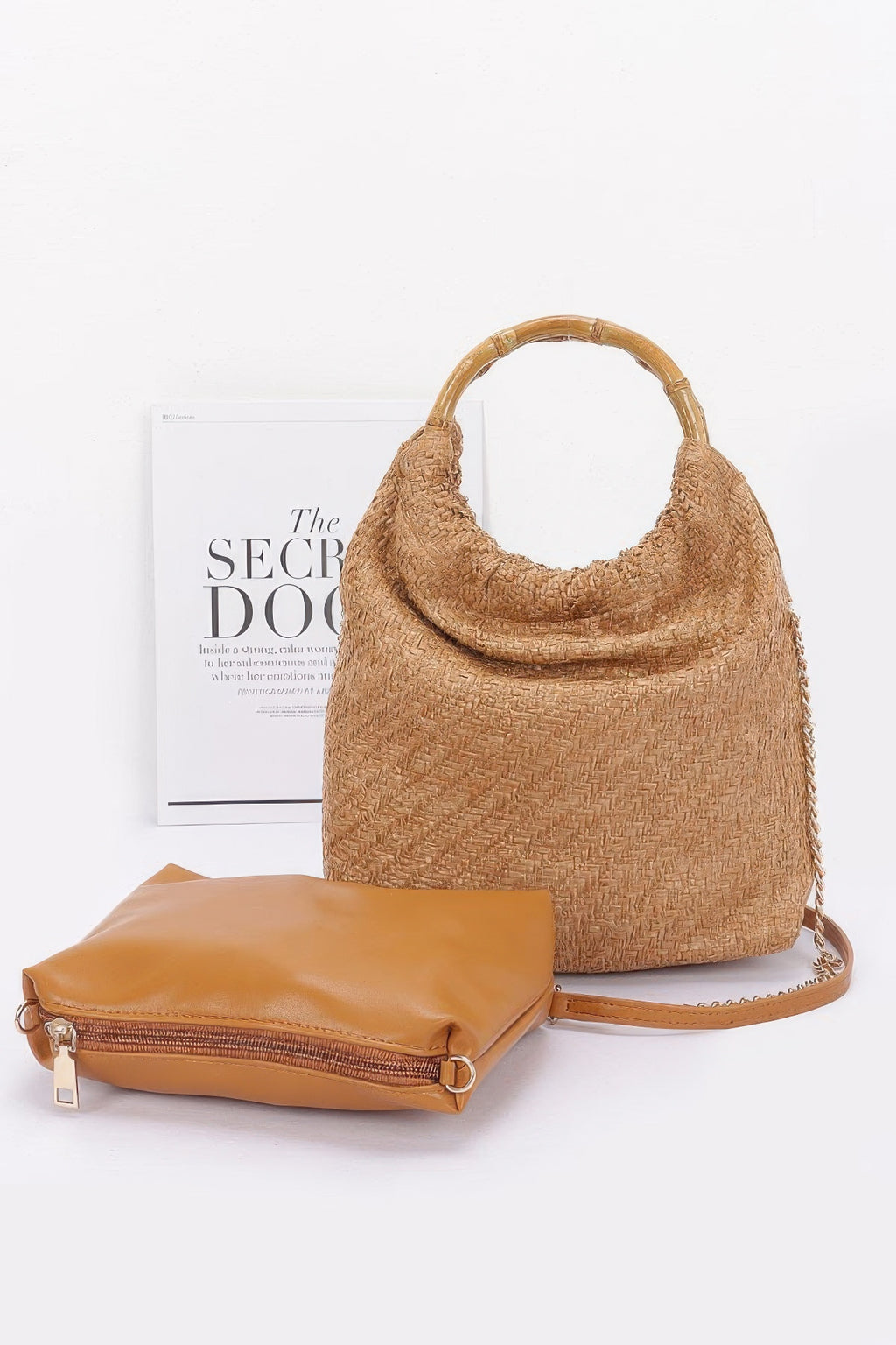 Faux straw handbag with bamboo handle, camel color, includes small zip pouch