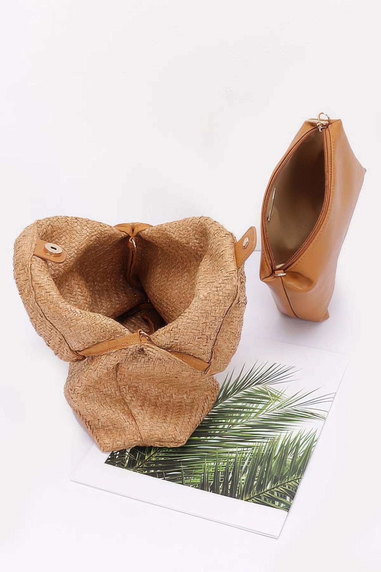 Camel faux straw handbag open with top bamboo handle and inner lining