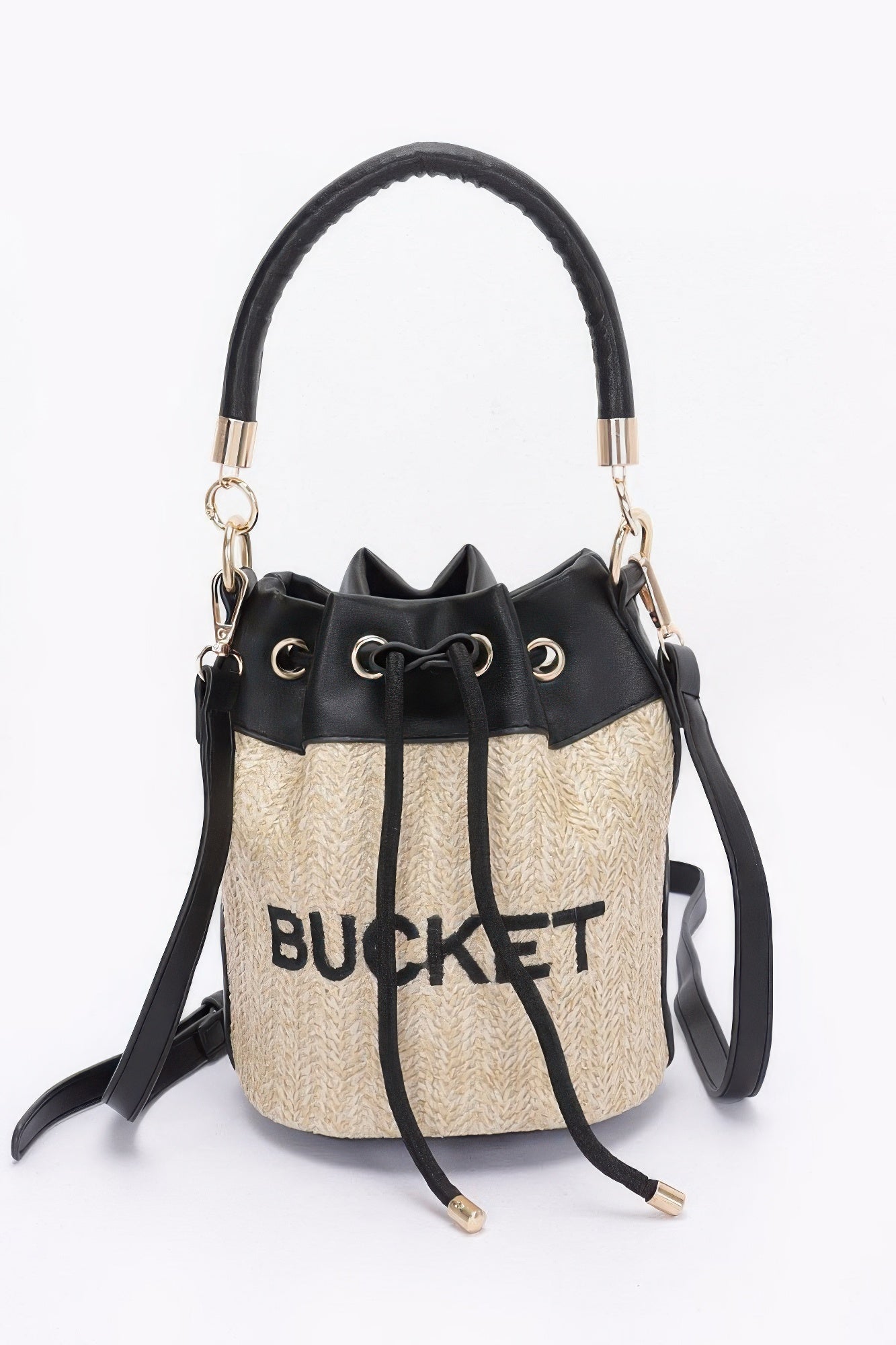 Faux straw bucket bag with black top, camel woven body, drawstring closure