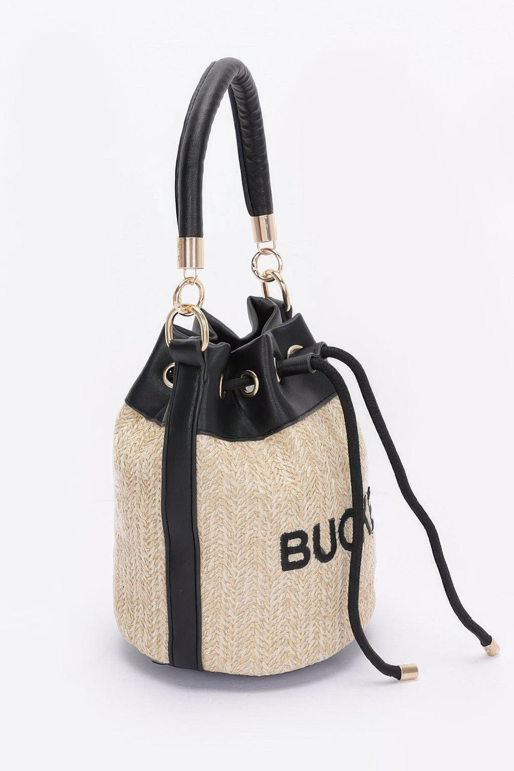 Faux straw bucket bag with black handles and adjustable drawcord, camel woven body