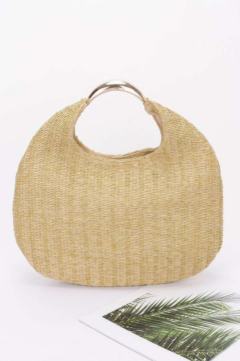 Faux straw hobo bag in khaki with curved metal handle