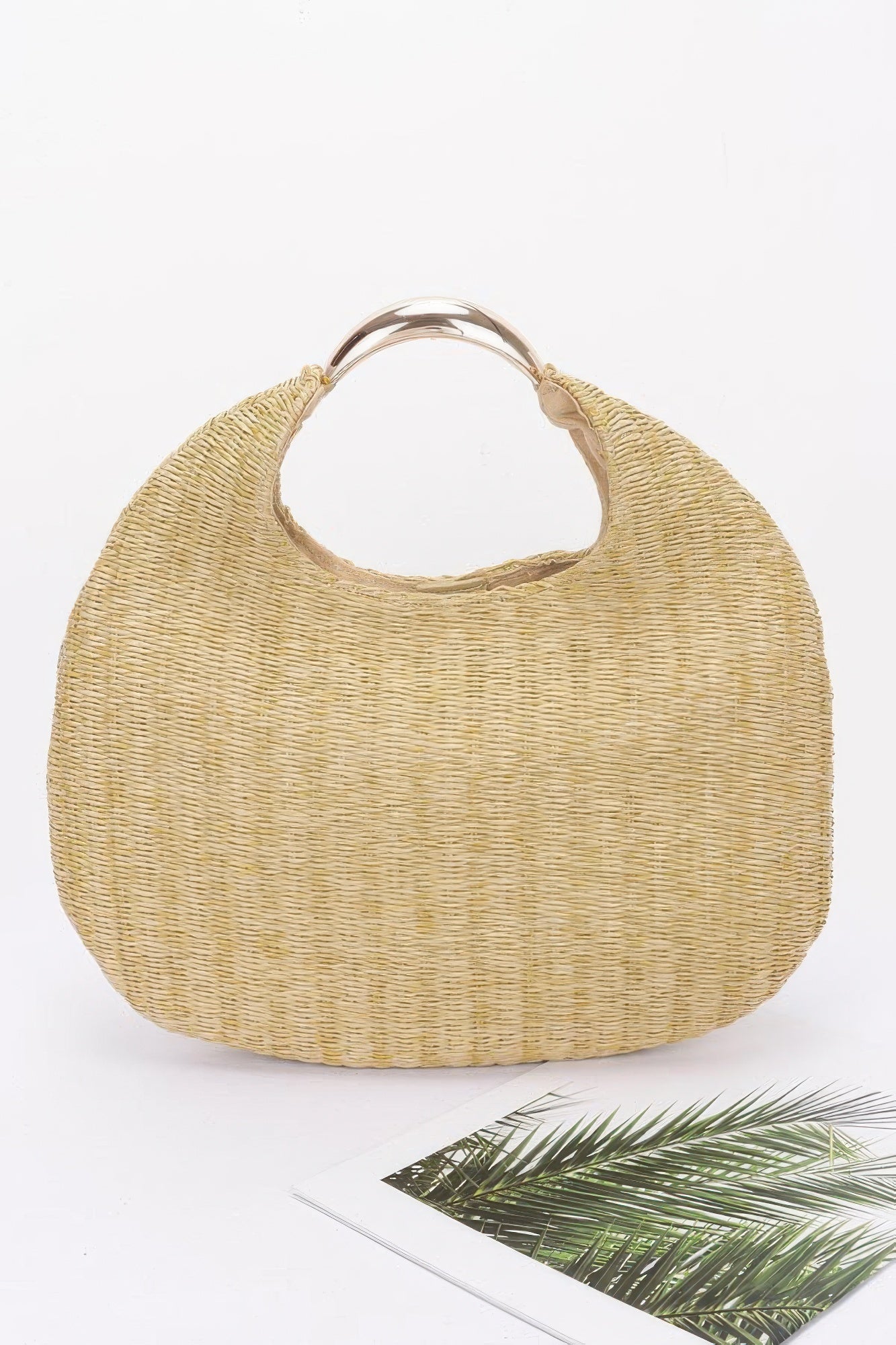Faux straw hobo bag in khaki with curved metal handle