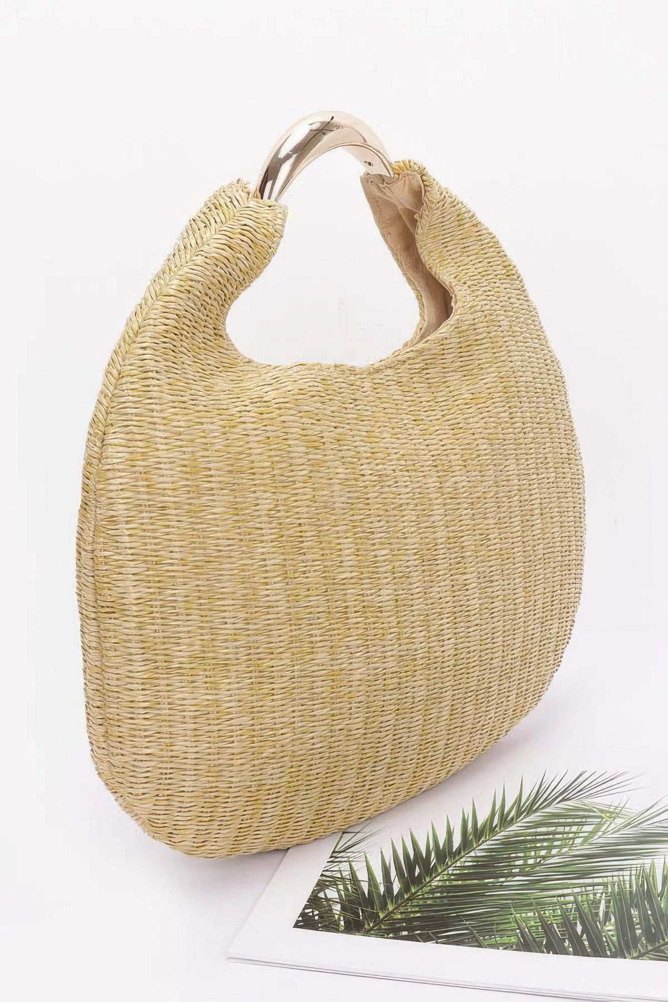 Khaki faux straw hobo bag, top opening with lined interior