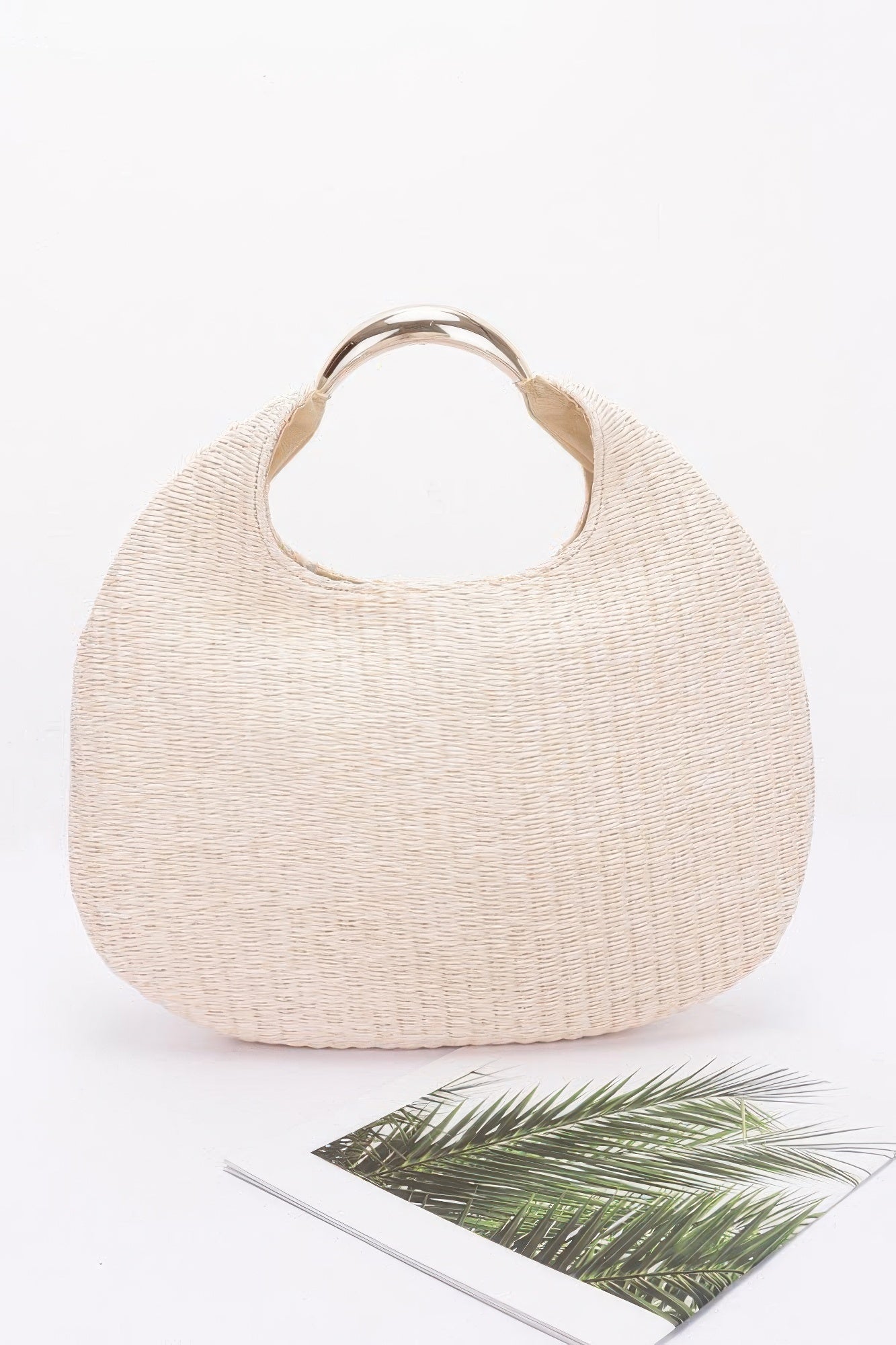 Khaki faux straw hobo bag, round silhouette and silver-toned metal handle