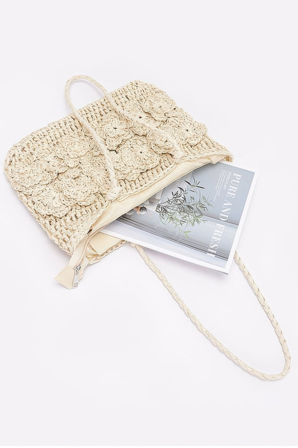 Ivory crocheted faux straw tote with open top and fabric tie handle