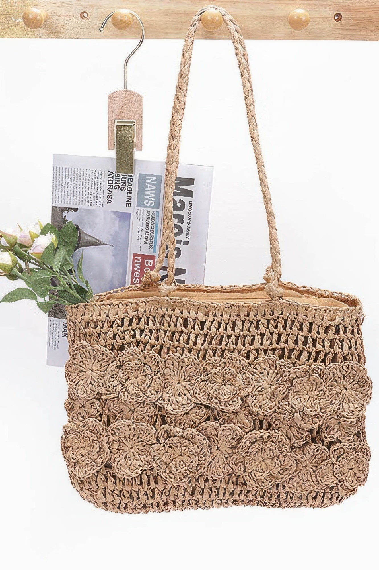 Faux straw multi flower tote bag in khaki with textured crochet floral detail and handles