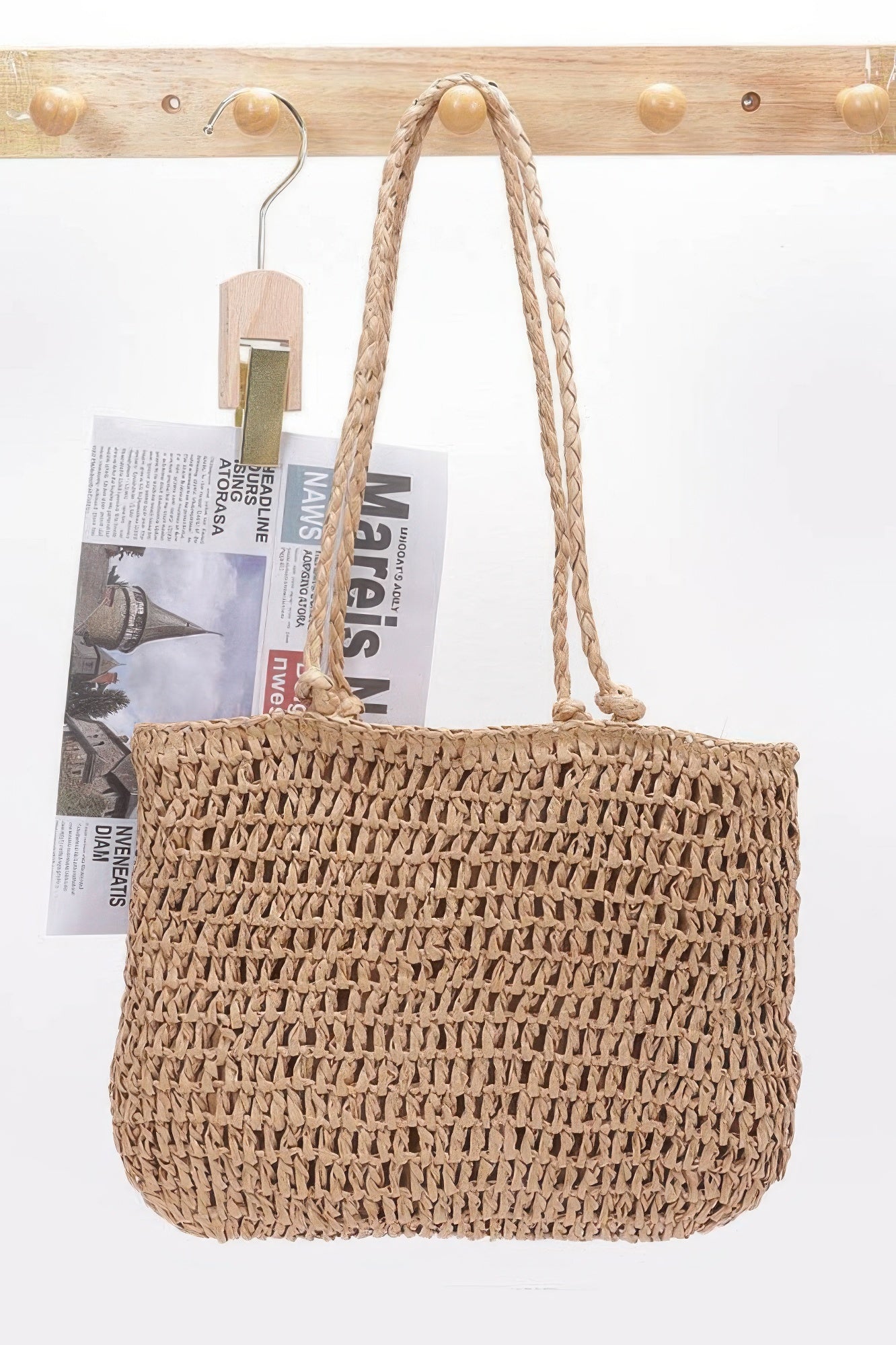 Khaki faux straw tote bag with tight crochet weave and braided shoulder straps