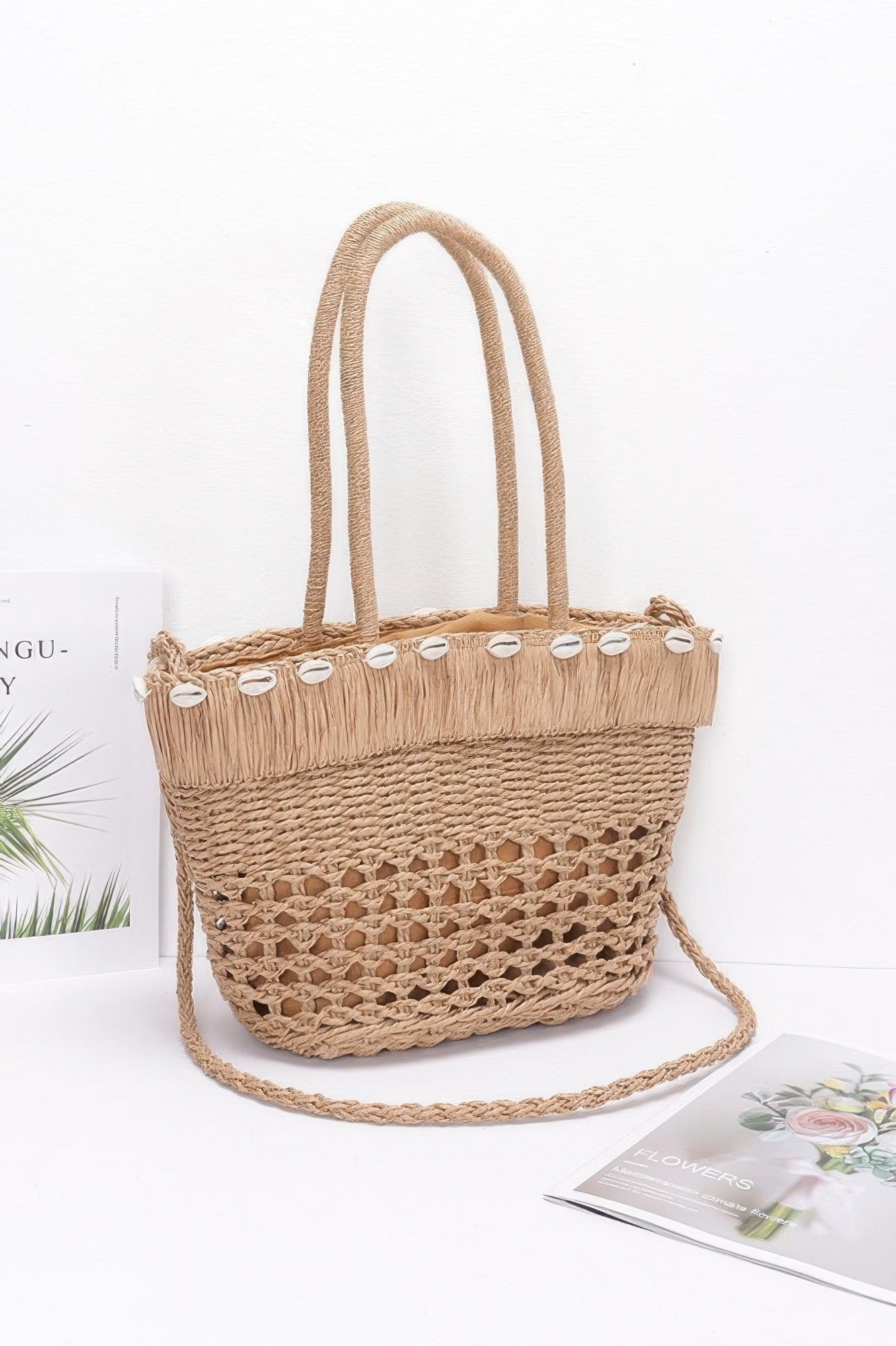 Khaki faux straw shell tote bag with rope handles, woven shell pattern, fringe top