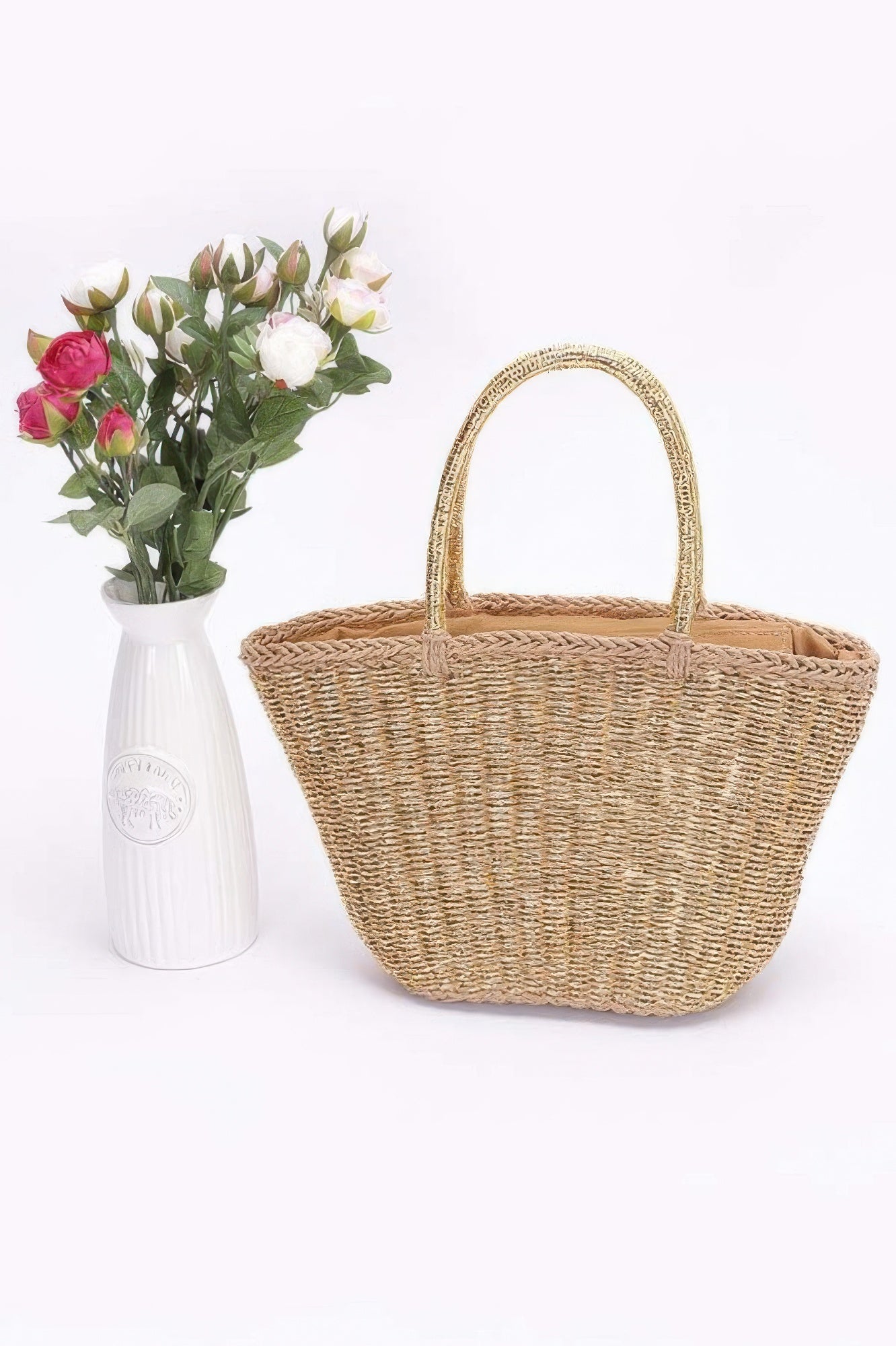 Faux-Straw-Sunshine-Tote aus Strohgeflecht, goldfarbene Henkel