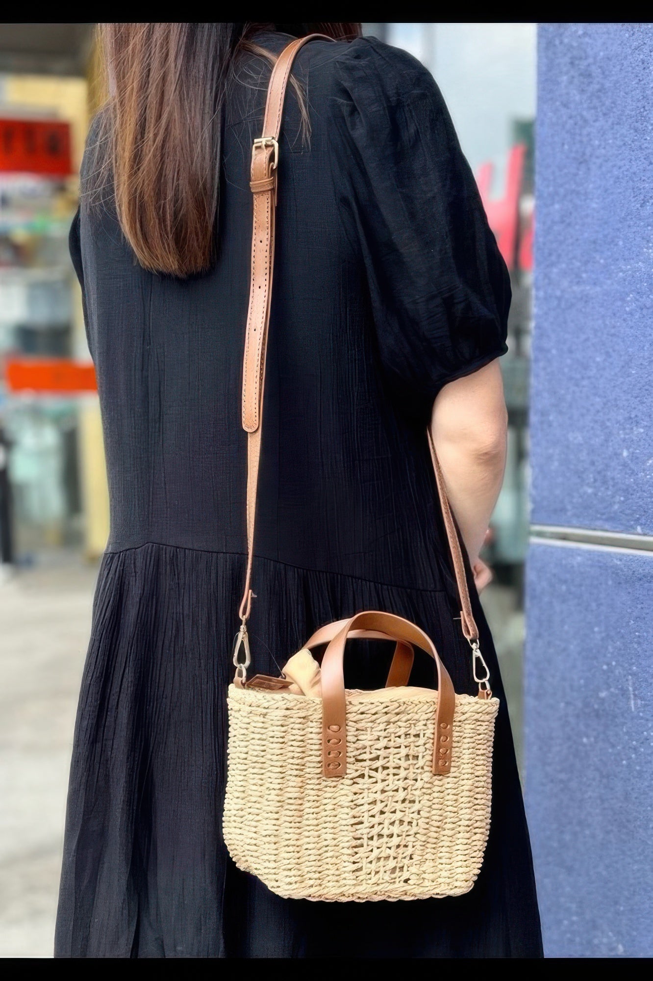 Ivory faux straw small tote with tan top handles and side straps