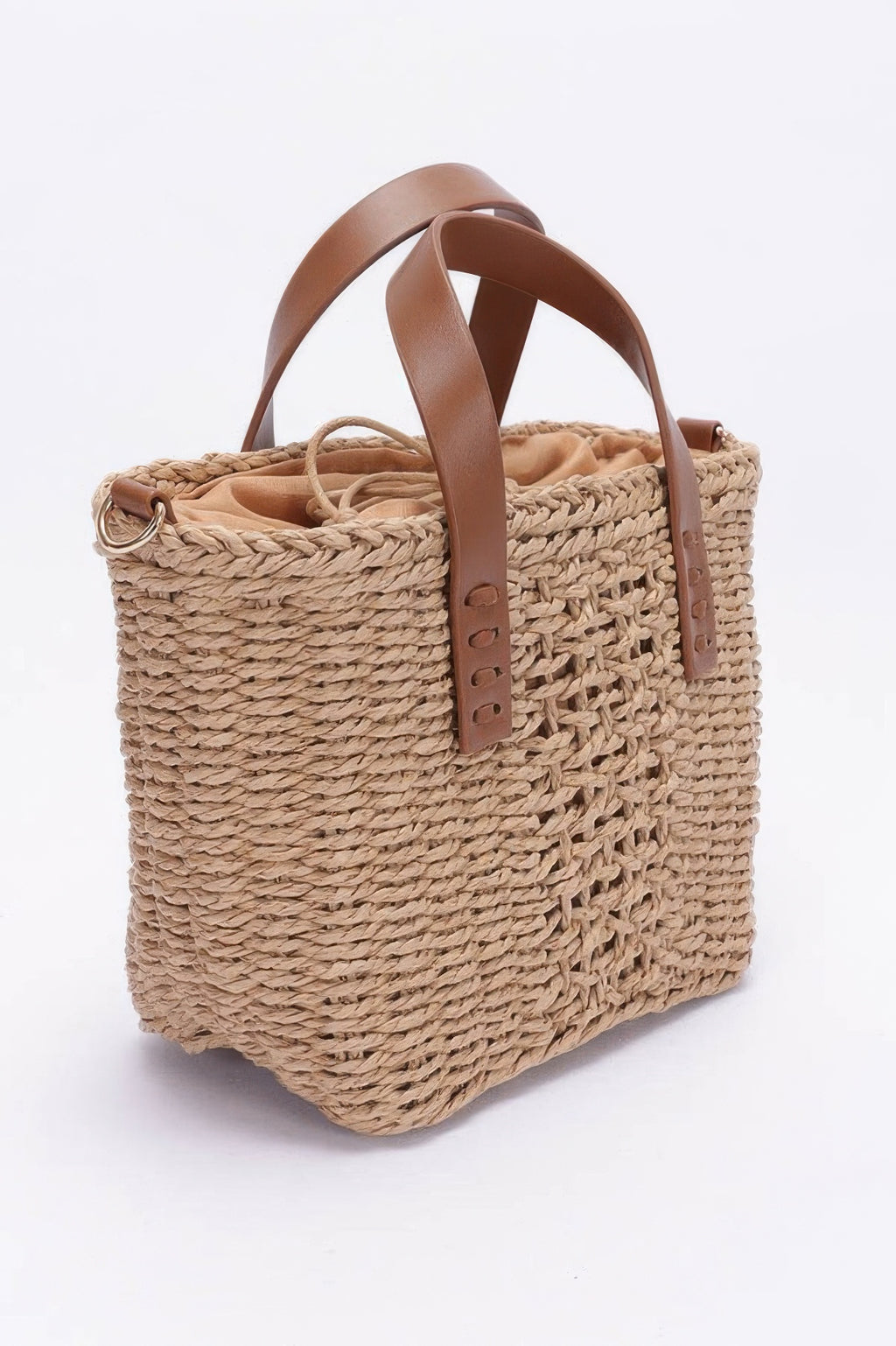 Khaki woven small tote bag with brown handles and stitched front panel