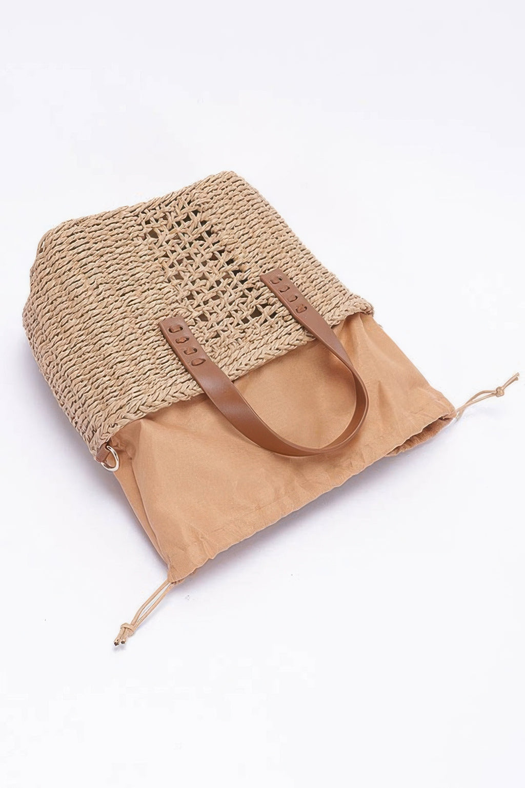 Khaki faux straw tote with fold-over top and tan drawstring pouch