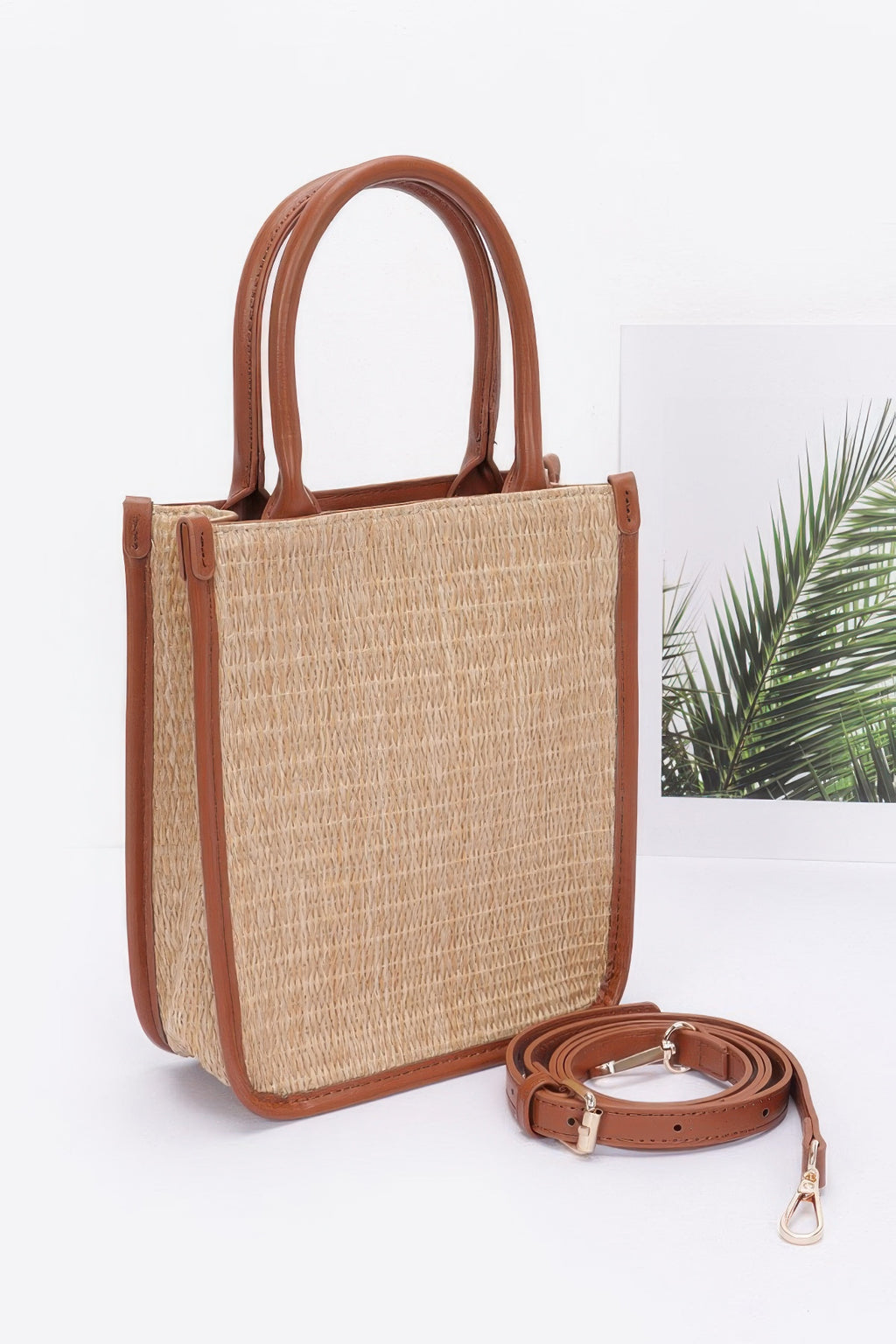 Faux Straw Tote Bag khaki with tan handles and detachable crossbody strap