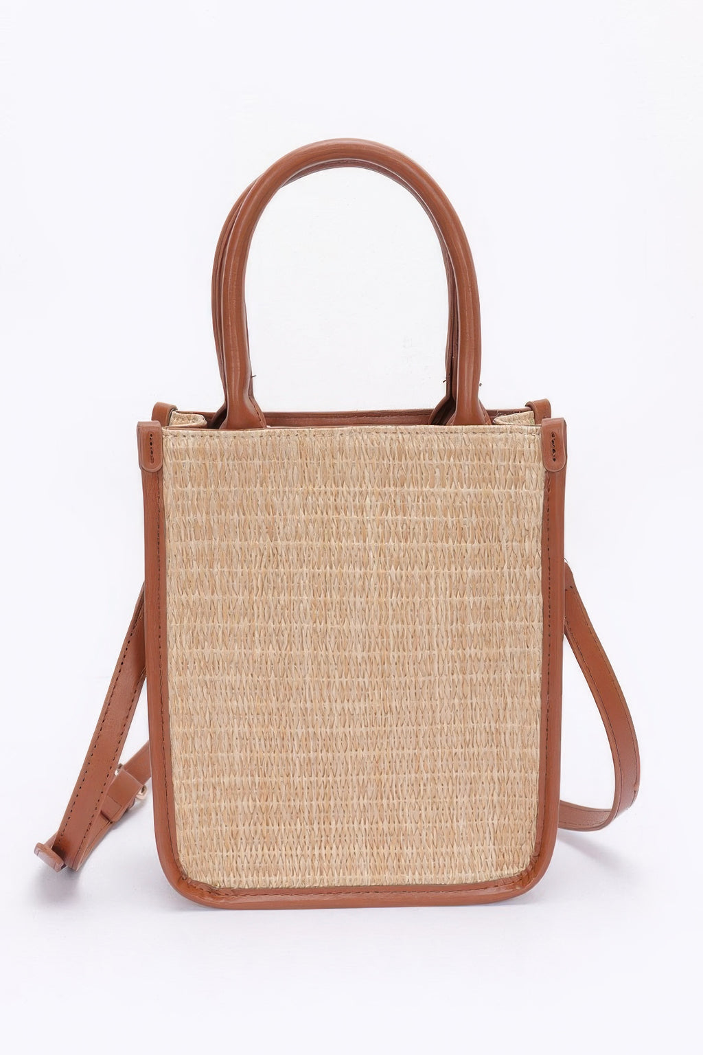 Khaki faux straw tote bag with tan handles and adjustable shoulder strap