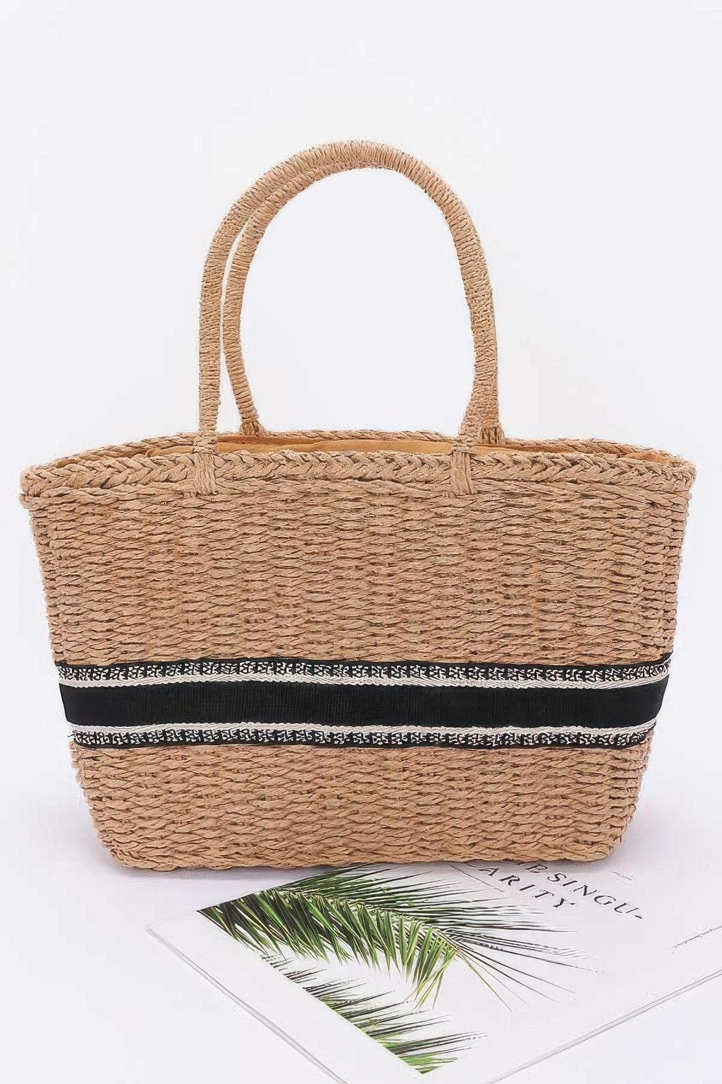 Khaki faux straw tote with black-and-white striped band