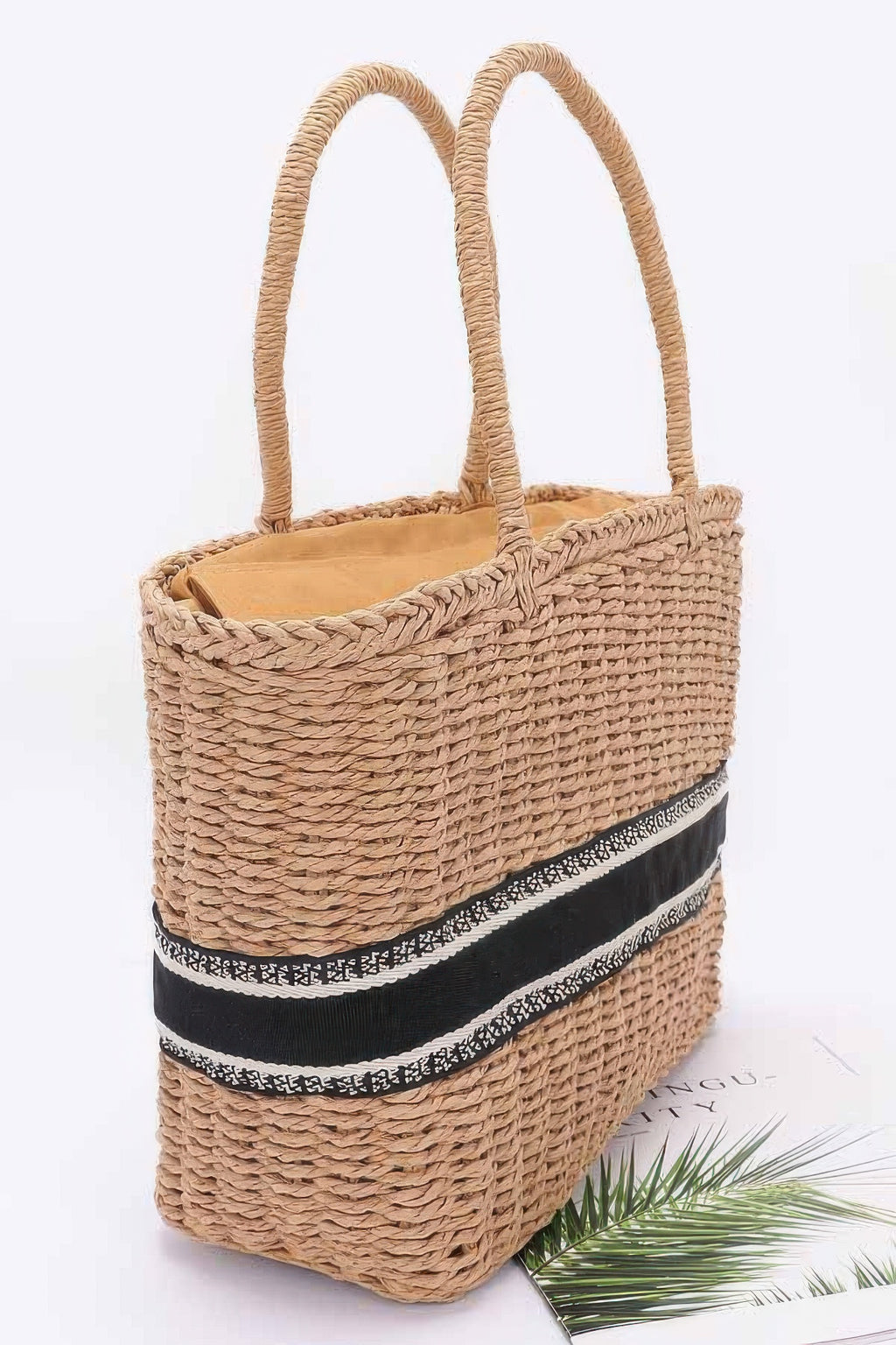 Khaki faux straw tote, double handles and woven texture with striped trim