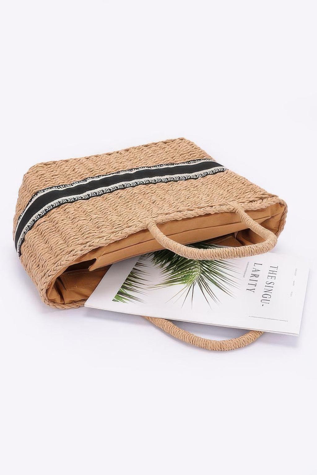Khaki faux straw tote bag, open top with black-striped trim