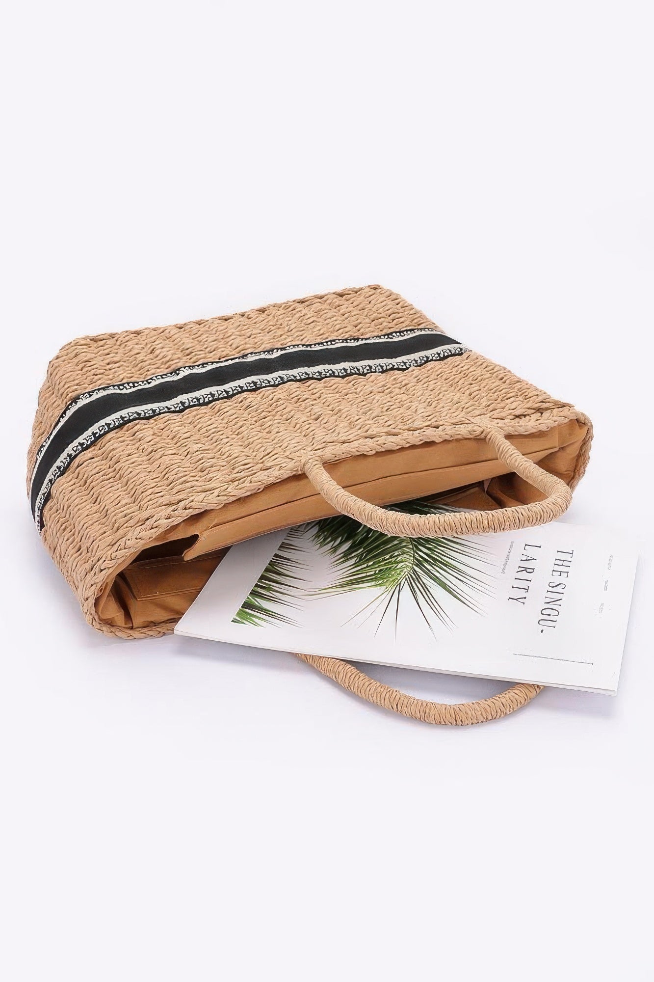 Khaki faux straw tote bag, open top with black-striped trim
