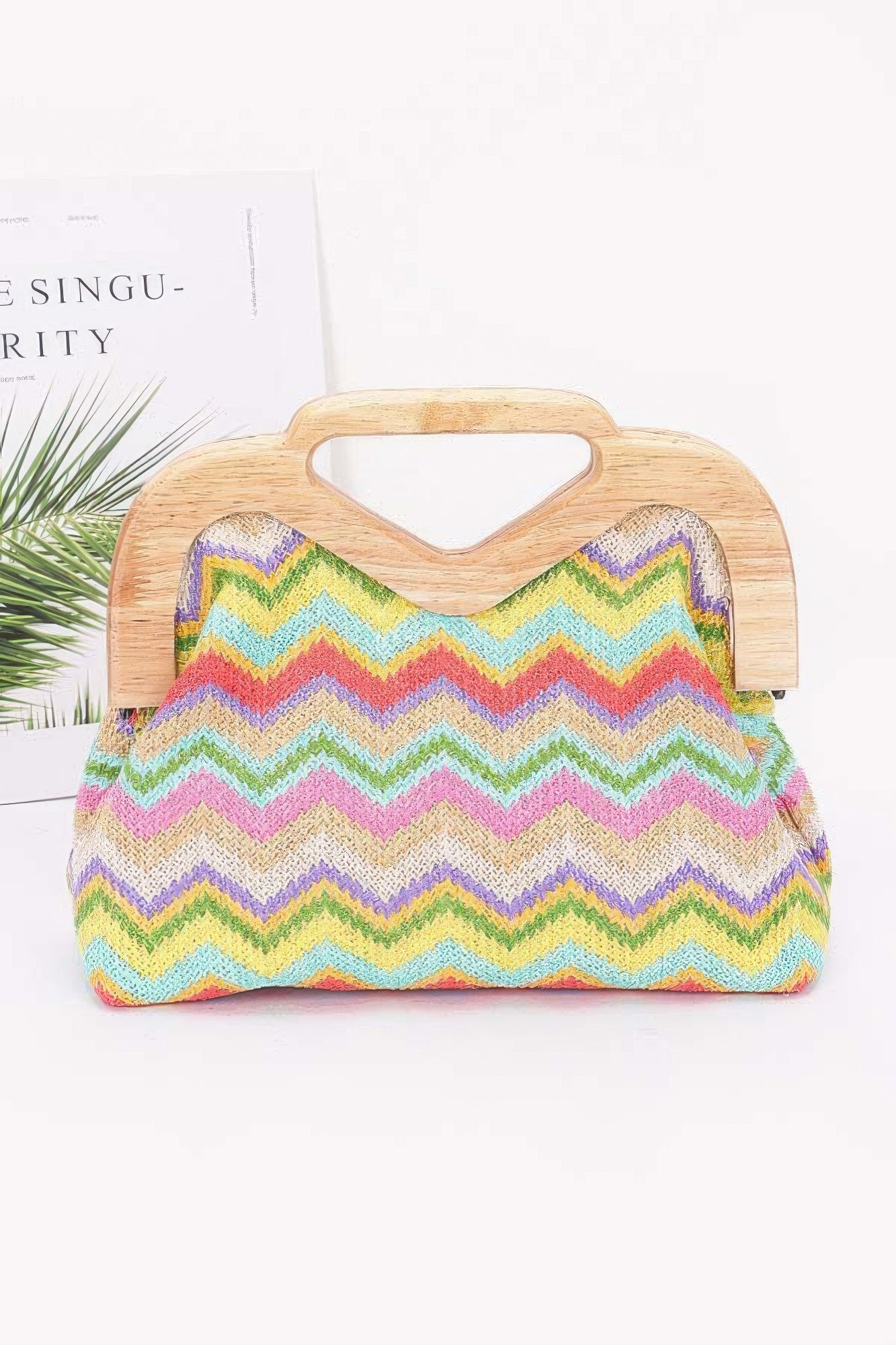 Faux straw wood-frame clutch with zigzag chevron pattern, multicolor
