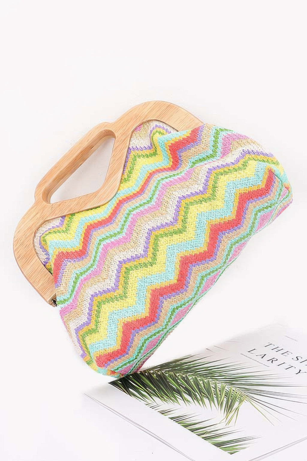Faux straw wood-frame clutch with chevron zigzag fabric, multicolor