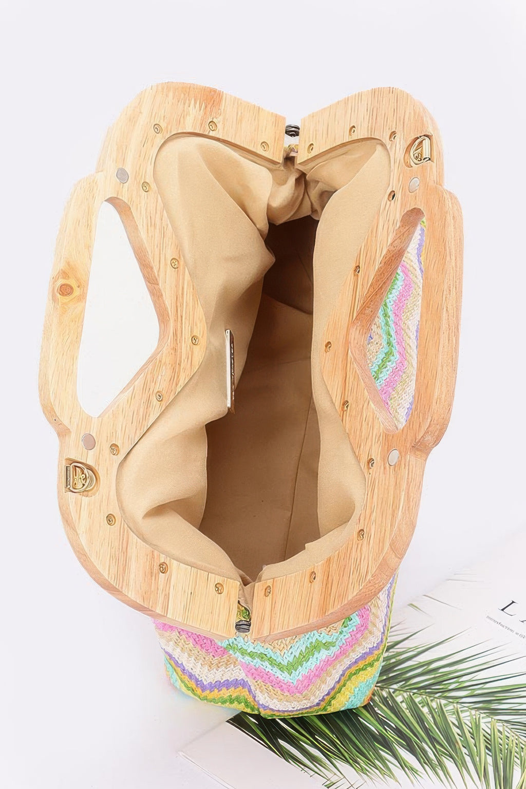 Faux straw wood-frame clutch open interior, top handle frame, multicolor chevron