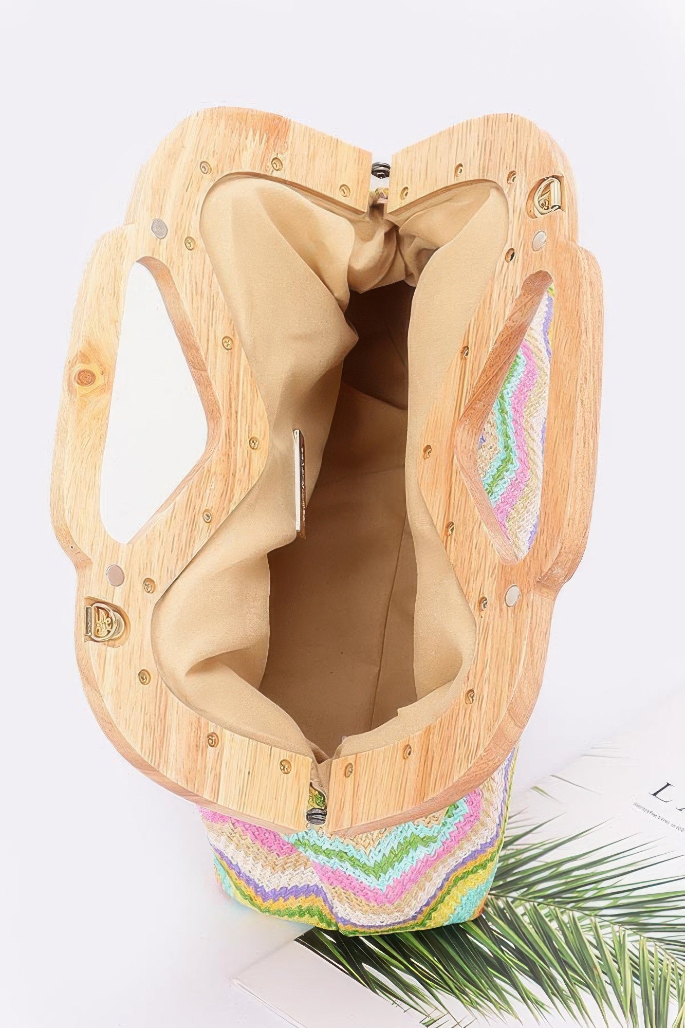 Faux straw wood-frame clutch open interior, top handle frame, multicolor chevron