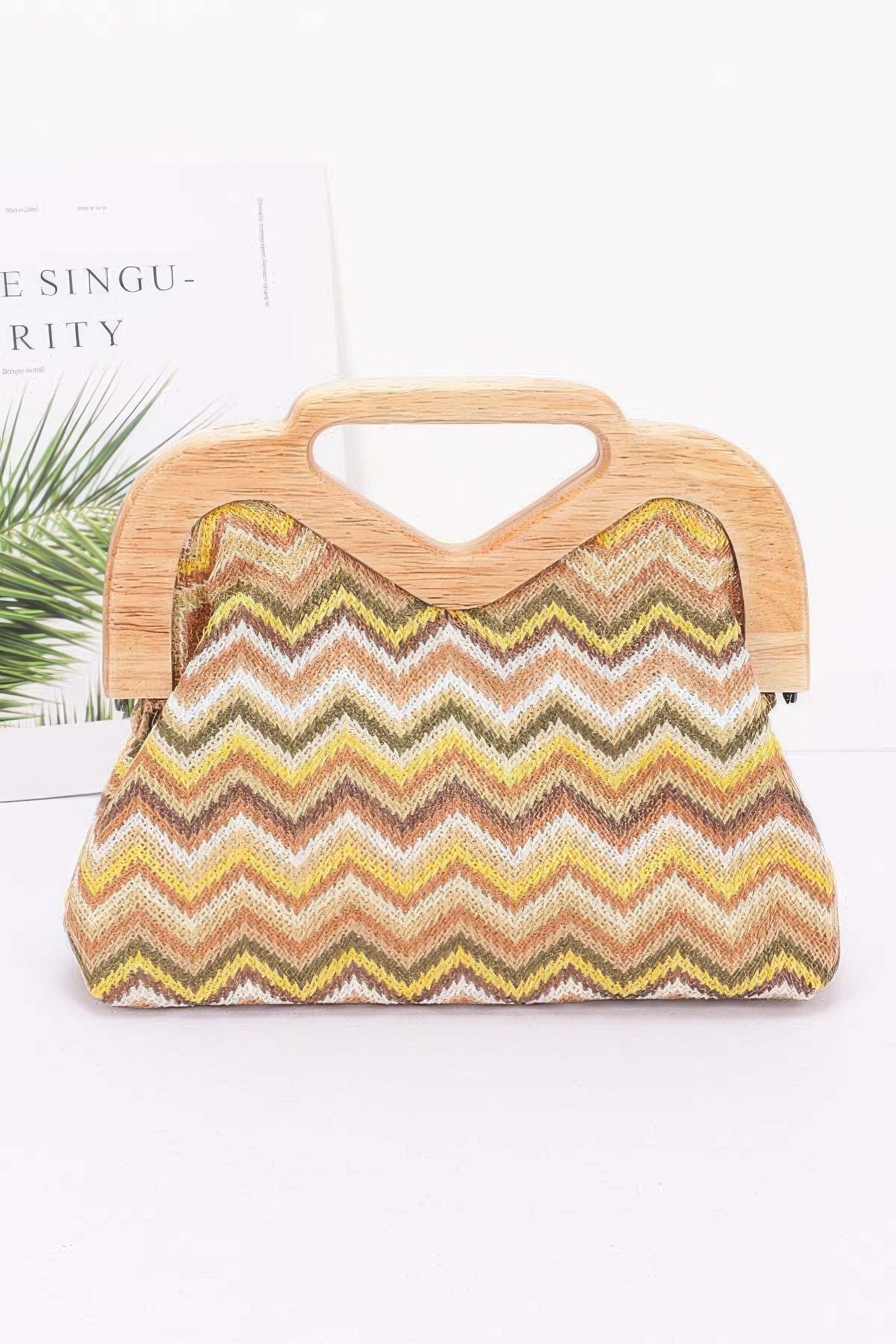 Faux straw wood-frame clutch with chevron zigzag fabric, multicolor stripe pattern