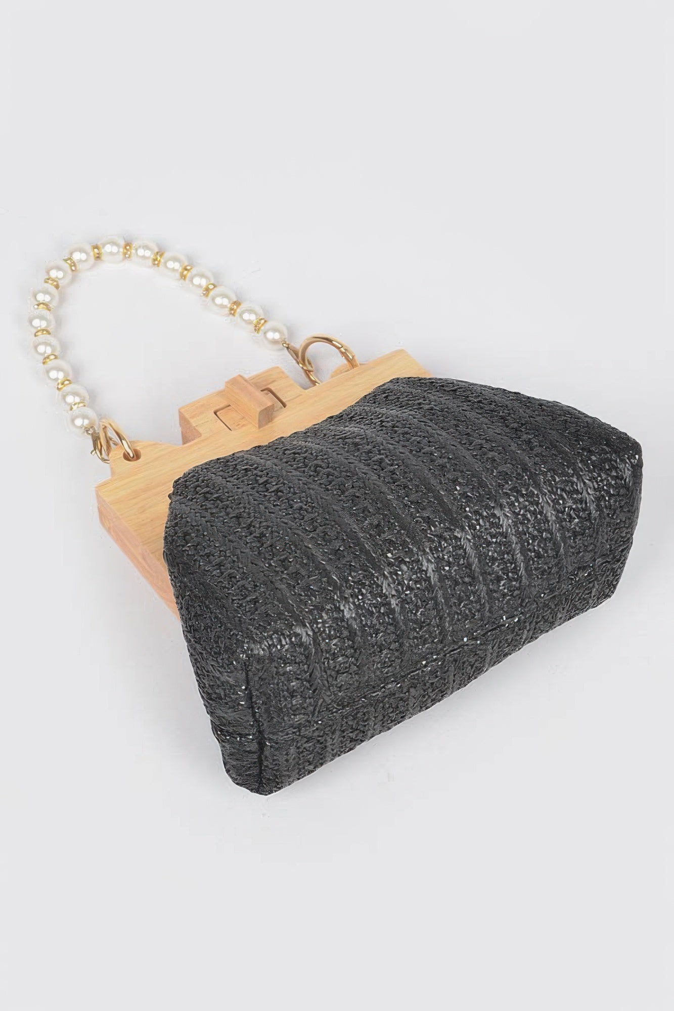 Black faux straw clutch with wood frame and faux pearl bead chain strap