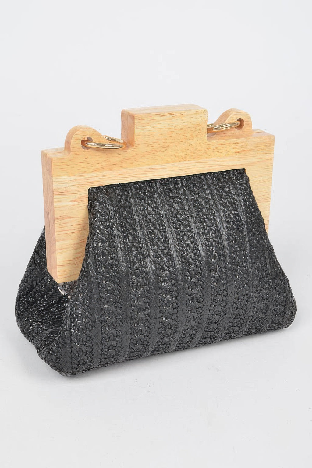 Black faux straw clutch with wood frame top handles and textured straw body