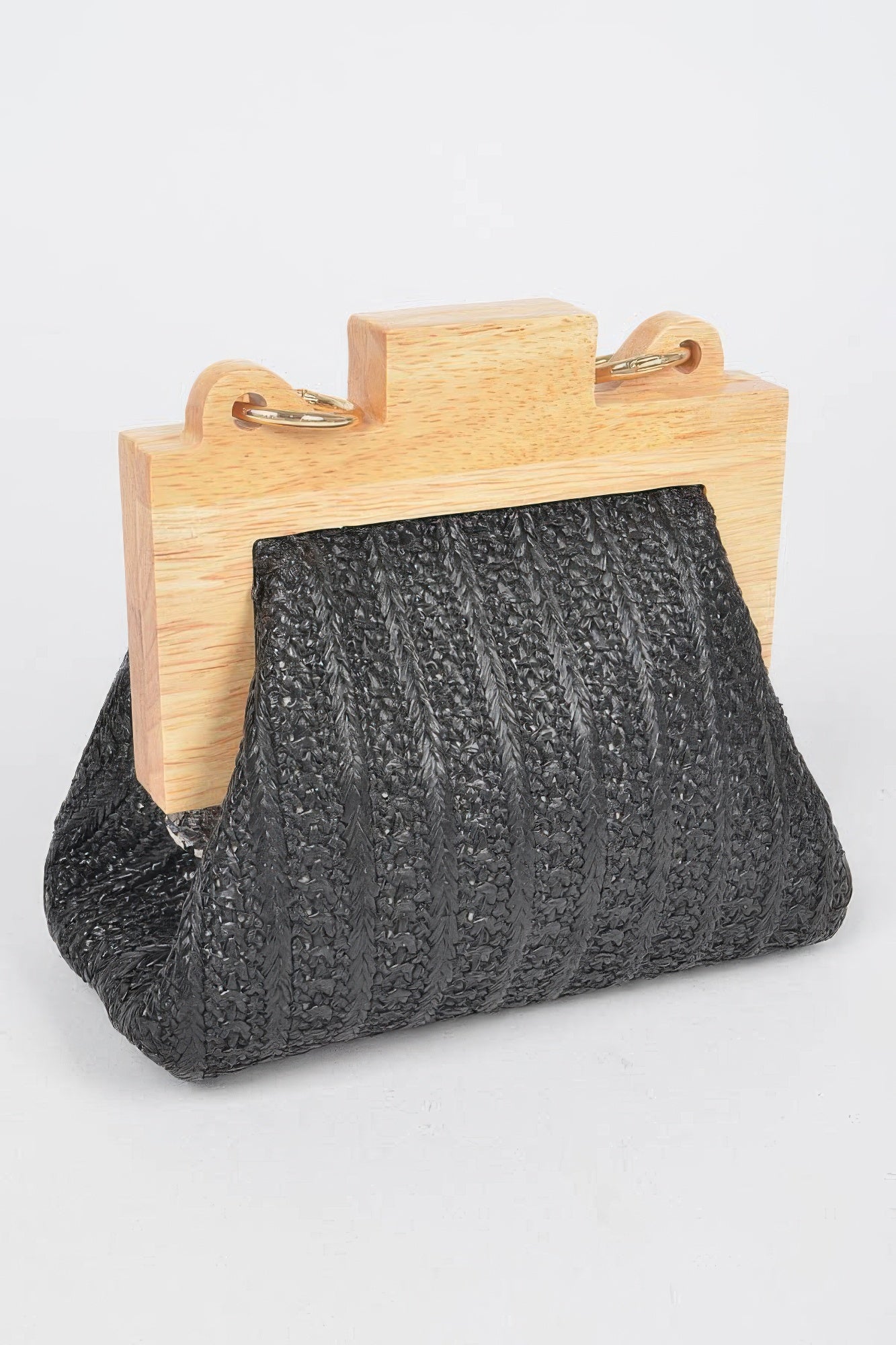 Black faux straw clutch with wood frame top handles and textured straw body