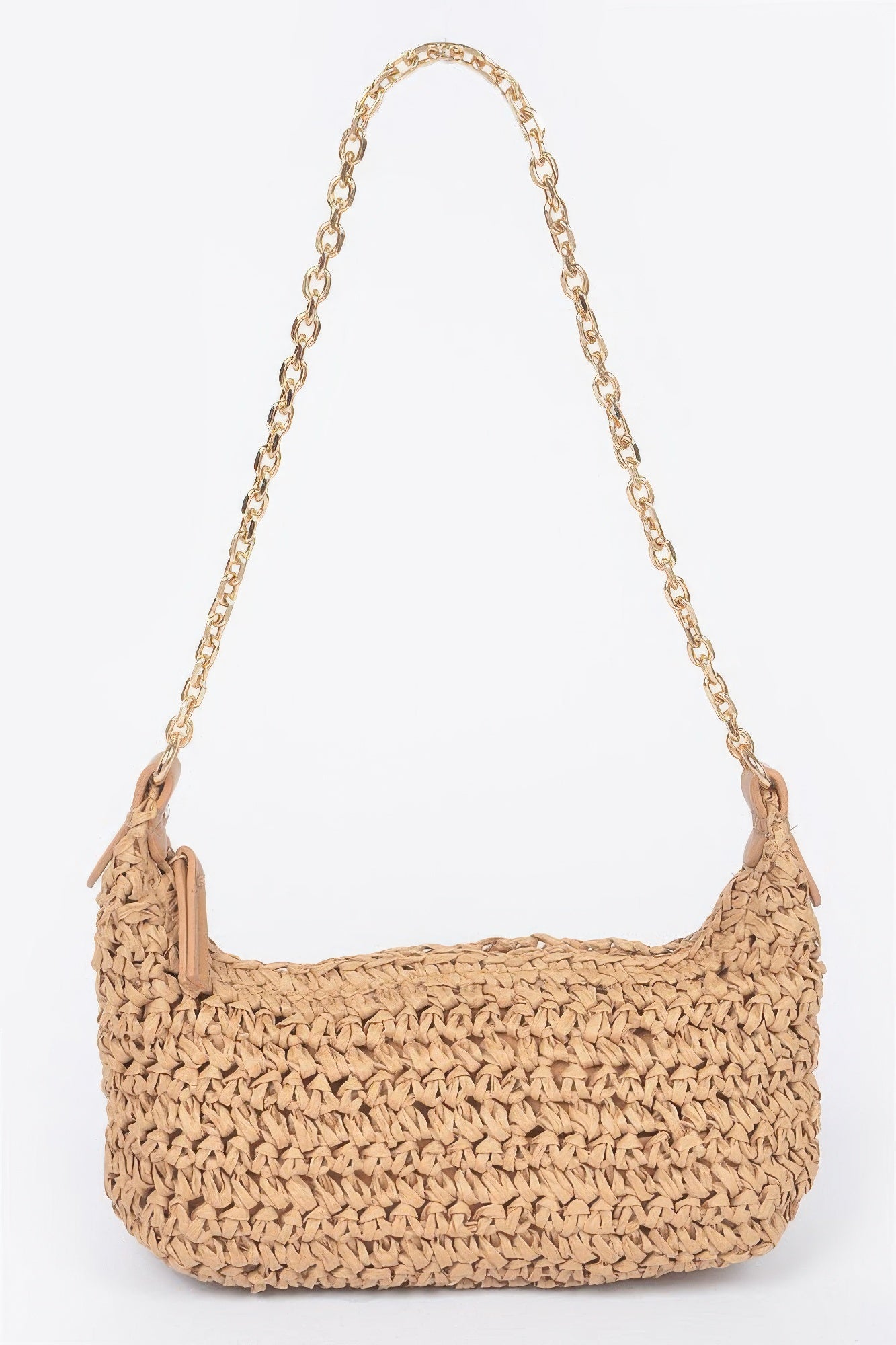 Khaki faux straw zip clutch with gold chain shoulder strap