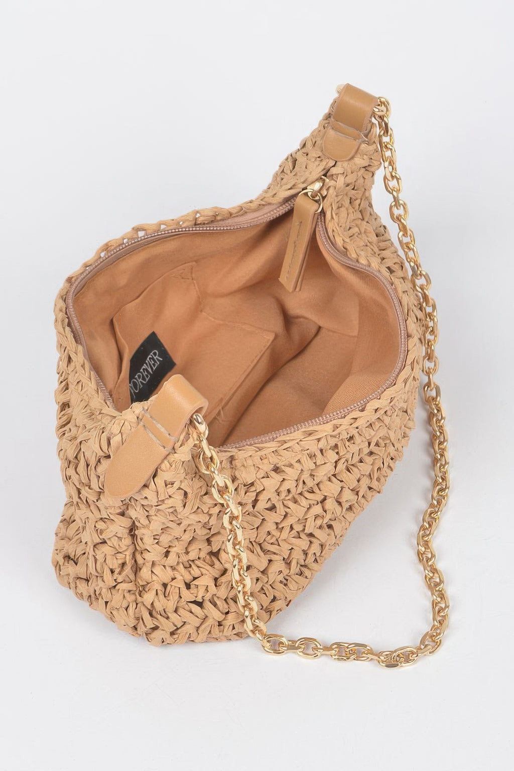 Khaki faux straw zip clutch with open top and tan lining; gold chain strap